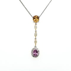 Orange and Pink Sapphire Diamond Necklace With 18k White Gold Drop Chain