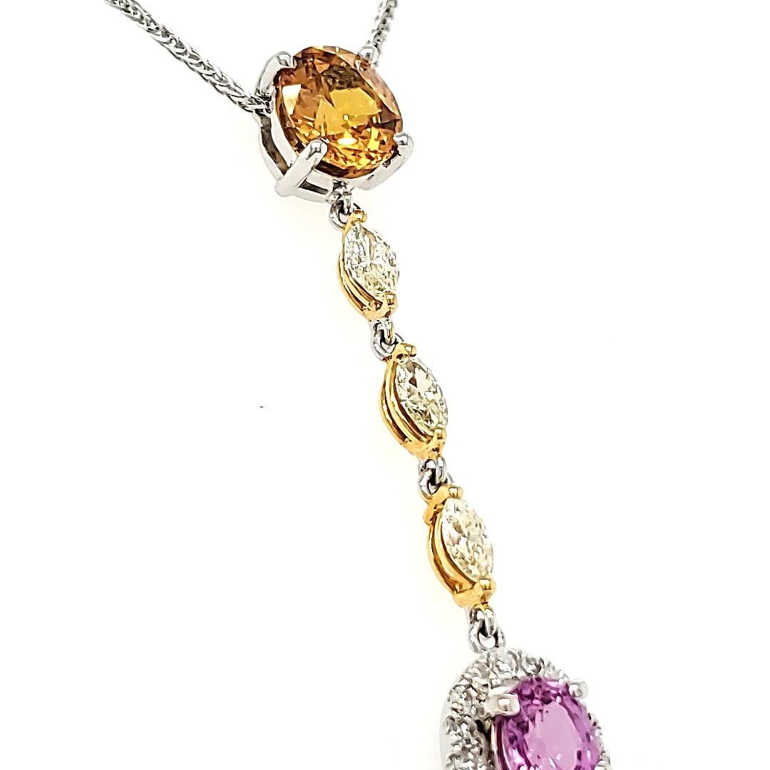 Contemporary Orange and Pink Sapphire Diamond Necklace With 18k White Gold Drop Chainv For Sale