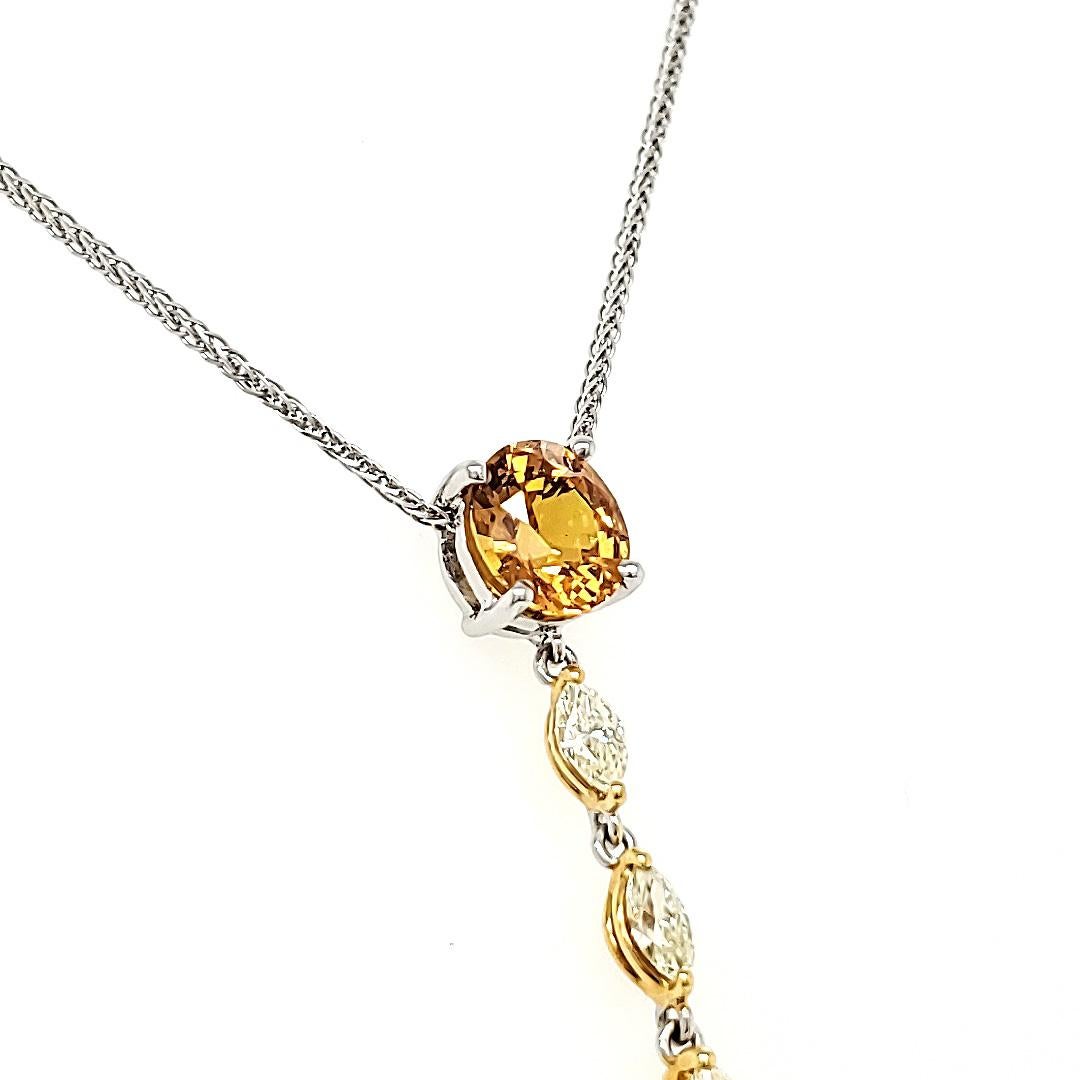 Round Cut Orange and Pink Sapphire Diamond Necklace With 18k White Gold Drop Chainv For Sale