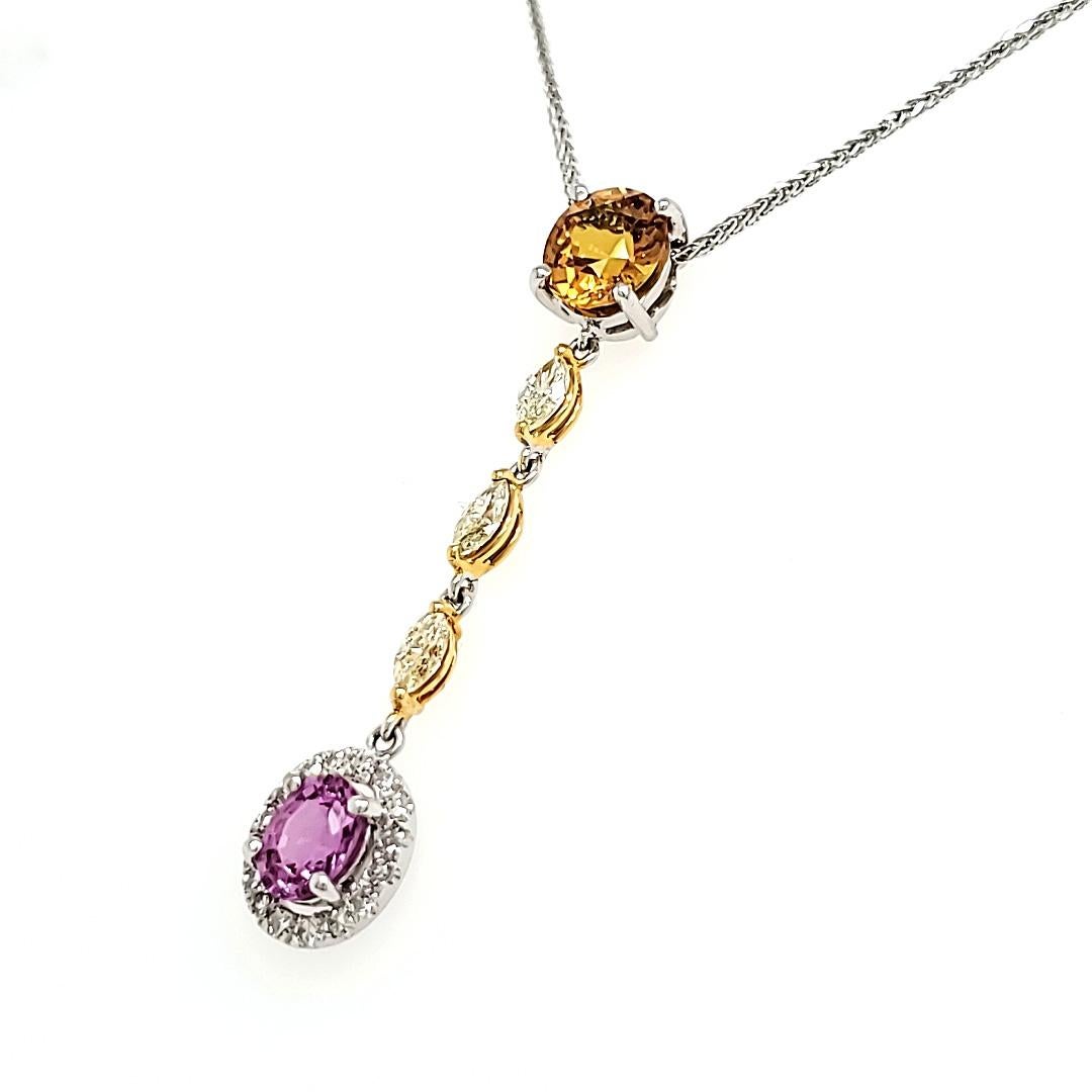 Orange and Pink Sapphire Diamond Necklace With 18k White Gold Drop Chainv In New Condition For Sale In Hong Kong, HK