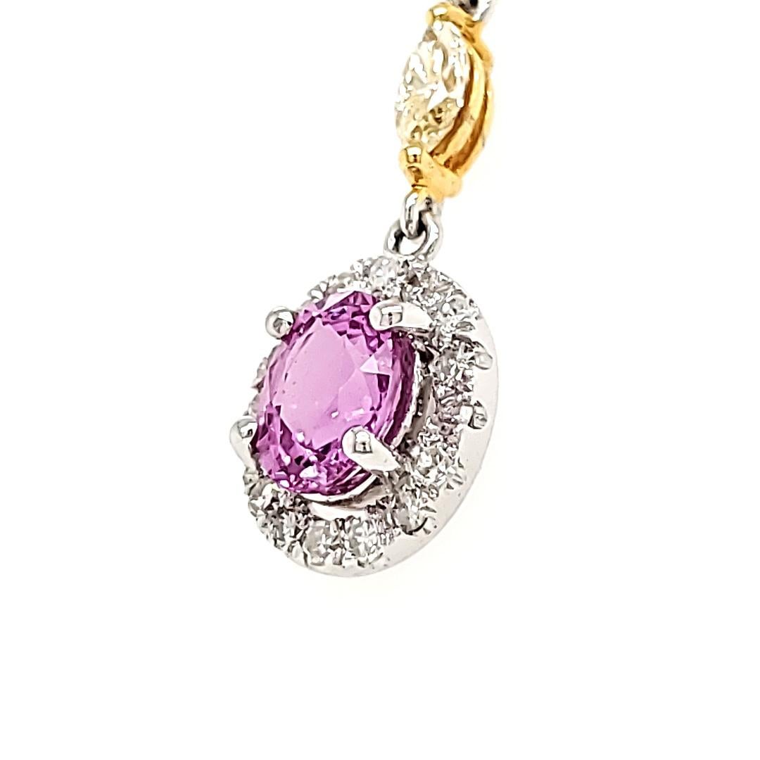 Women's or Men's Orange and Pink Sapphire Diamond Necklace With 18k White Gold Drop Chainv For Sale