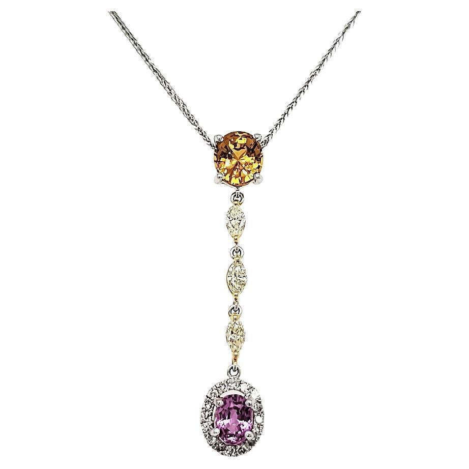 Orange and Pink Sapphire Diamond Necklace With 18k White Gold Drop Chainv For Sale