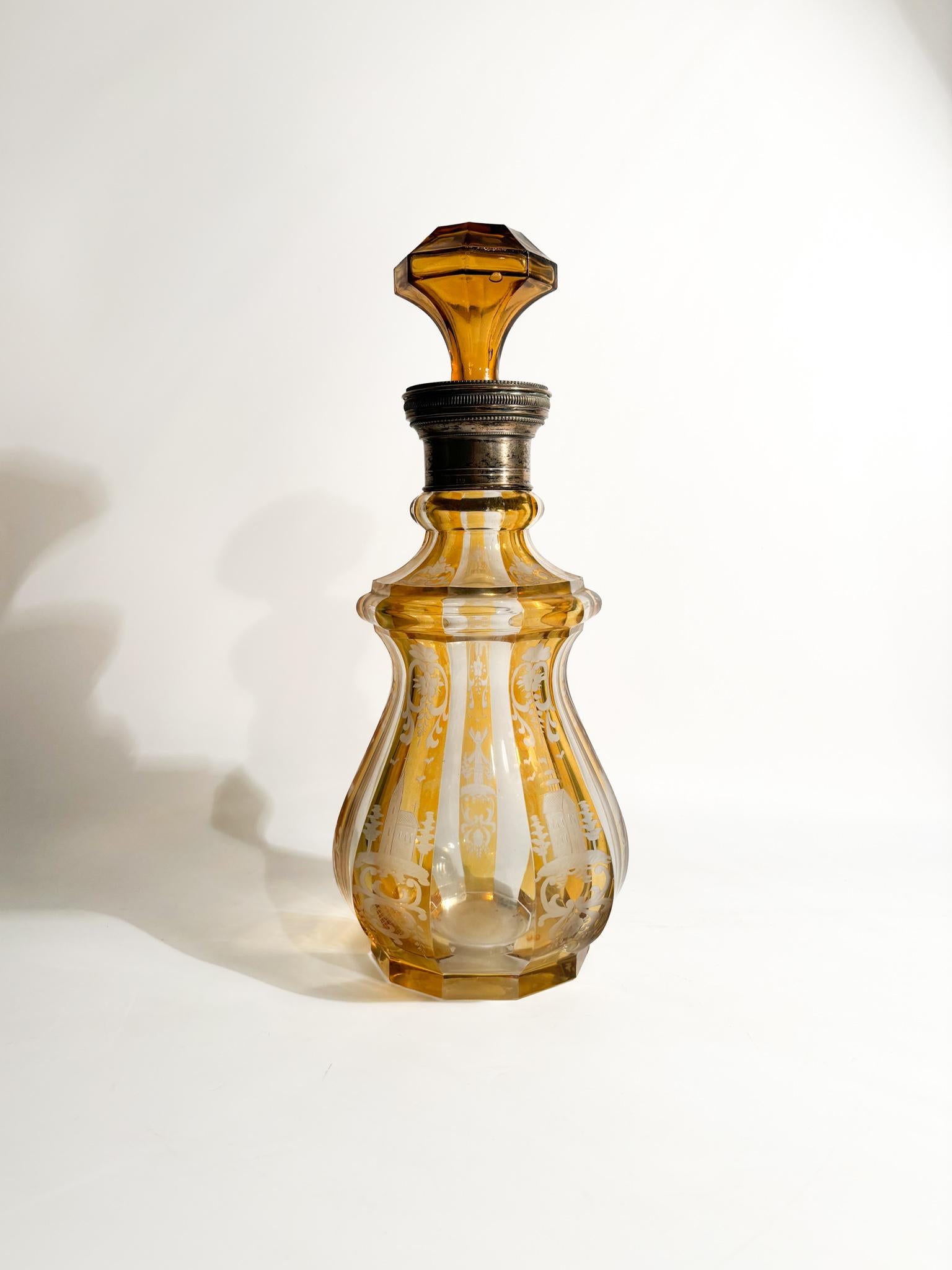 Orange and silver Biedermeier crystal bottle, made in 1800

Ø cm 25 h cm 54

Biedermeier is was an artistic movement that developed between 1815 and 1848. The term initially spread as a derogatory term. Consisting of two words: the adjective bieder,