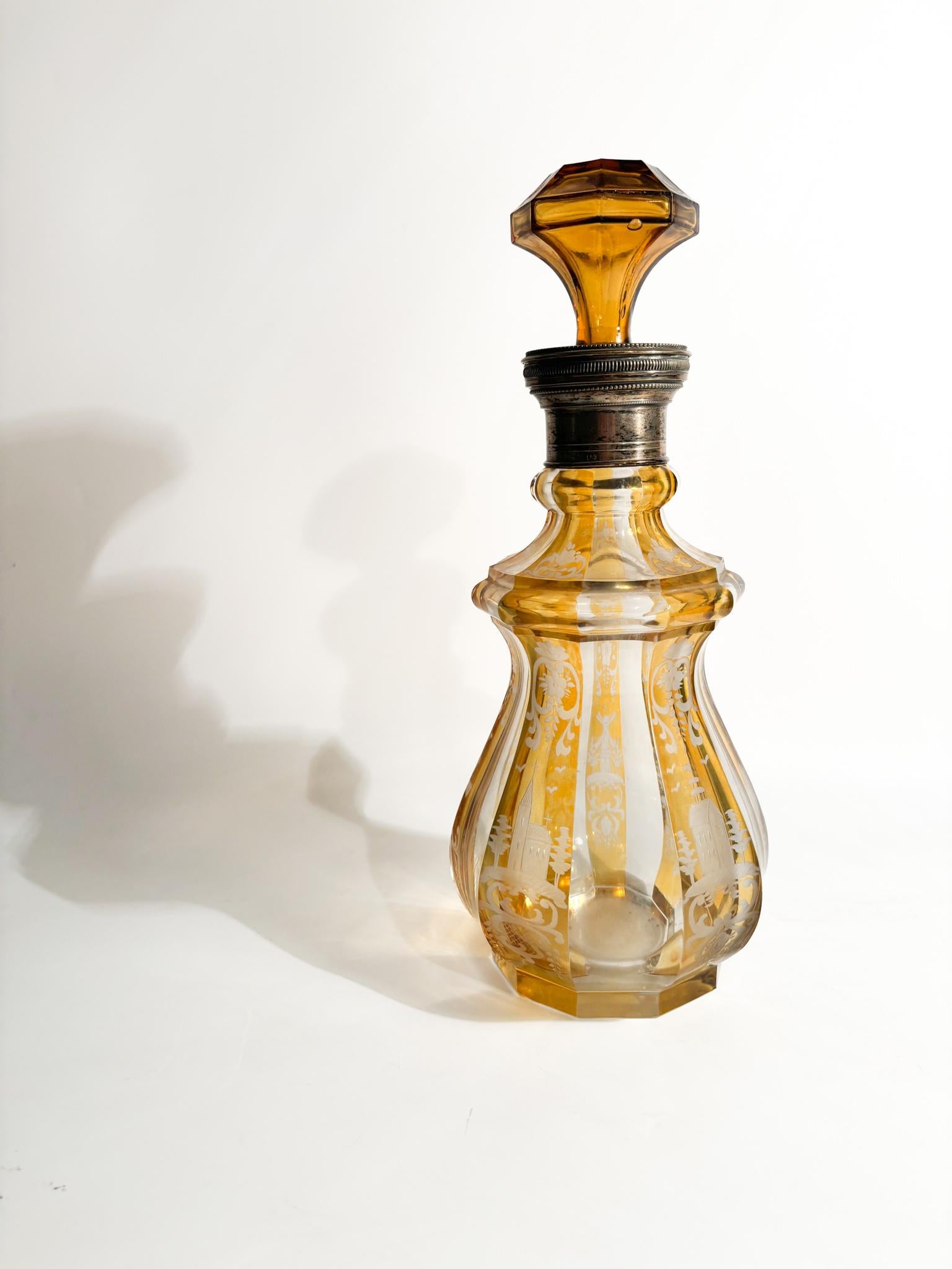 German Orange and Silver Biedermeier Crystal Bottle from 1800