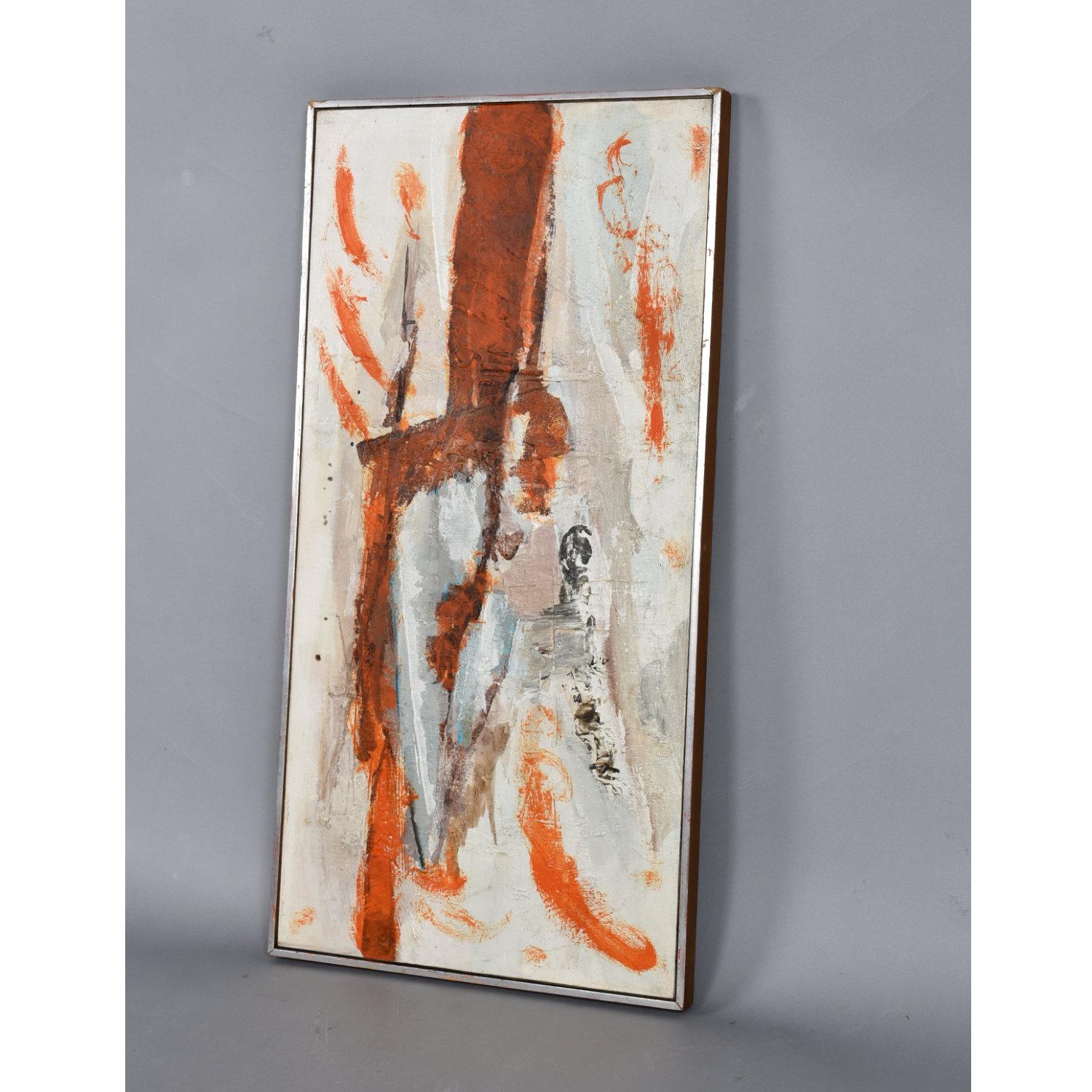 Questo quadro vintage dell'Espressionismo astratto in bianco e arancio ha una provenienza cara a molti. Il dipinto, risalente agli anni '60/'70, è riemerso presso l'Antique Tobacco Barn di Asheville, nella Carolina del Nord, dove è stato acquistato