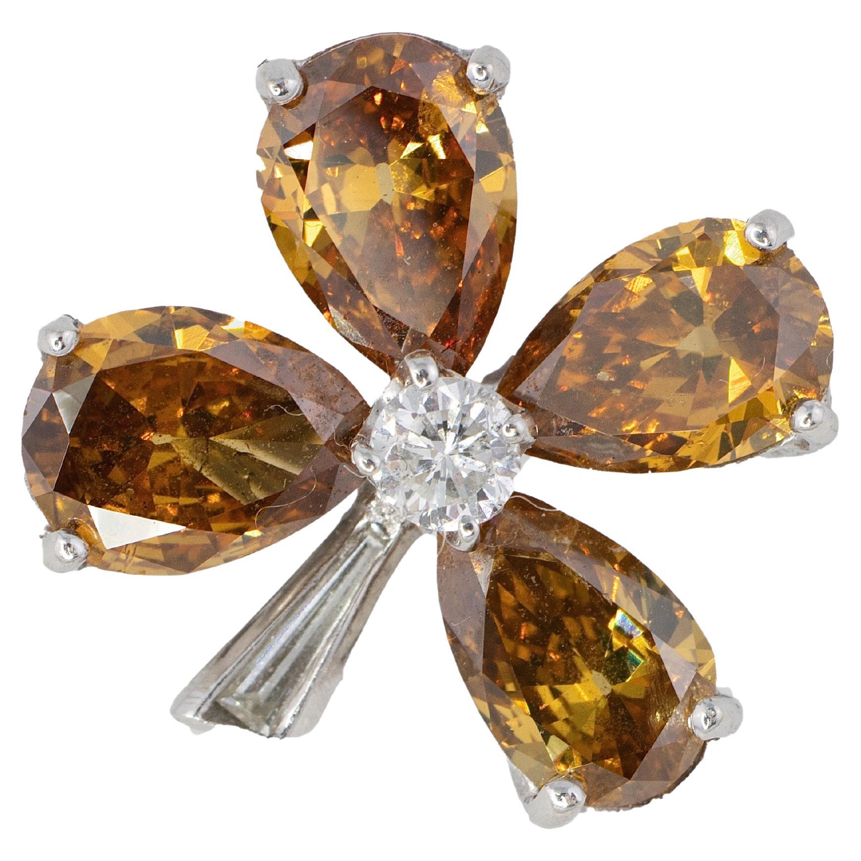 Orange and White Diamond Flower Motif Cocktail Ring For Sale