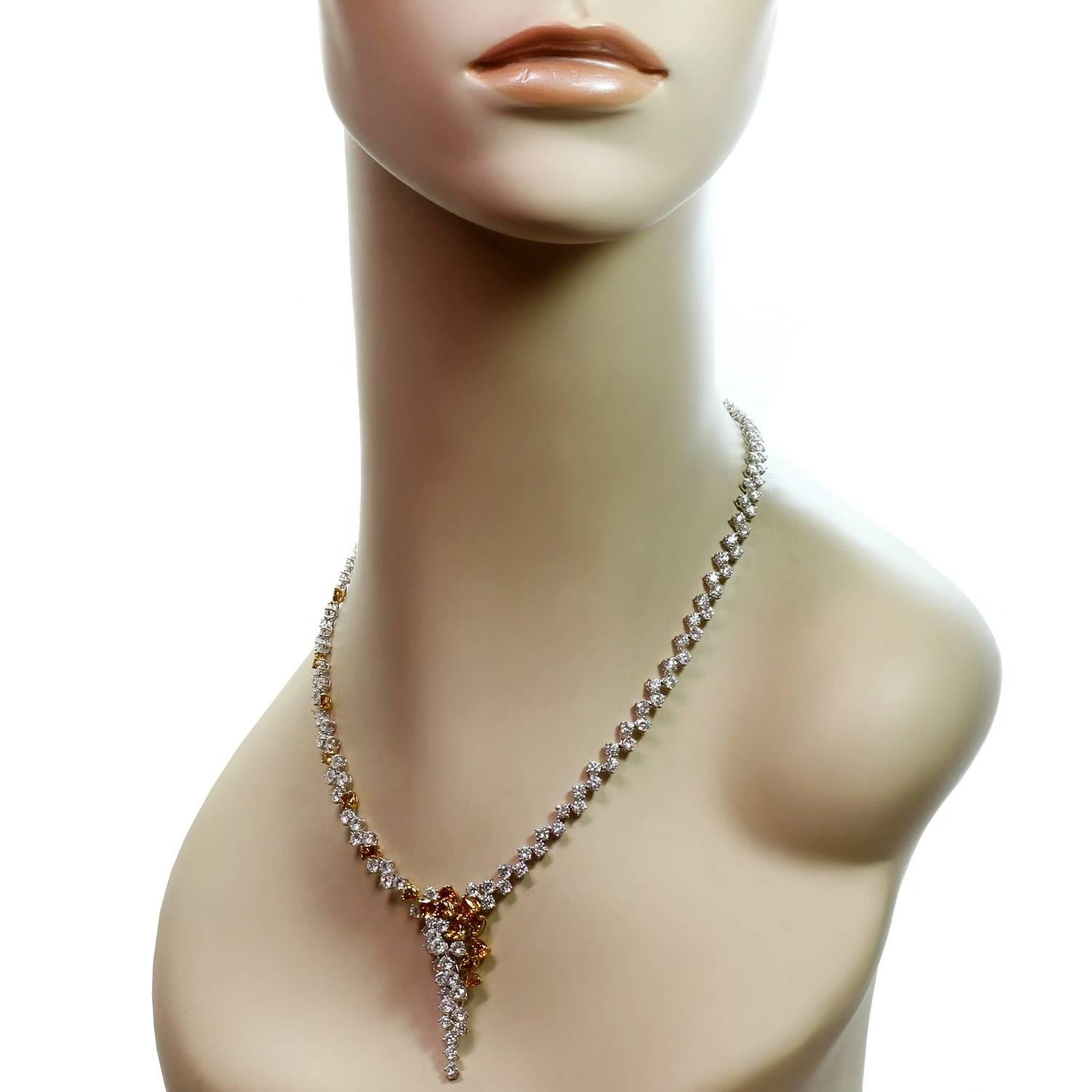 Round Cut Orange and White Diamond White Gold Cascade Necklace For Sale
