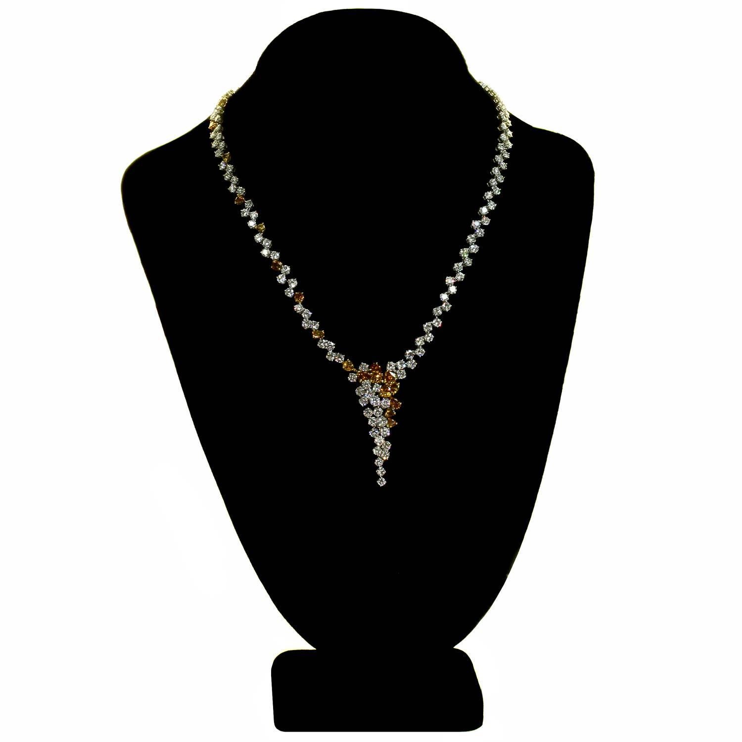 Orange and White Diamond White Gold Cascade Necklace In New Condition For Sale In New York, NY