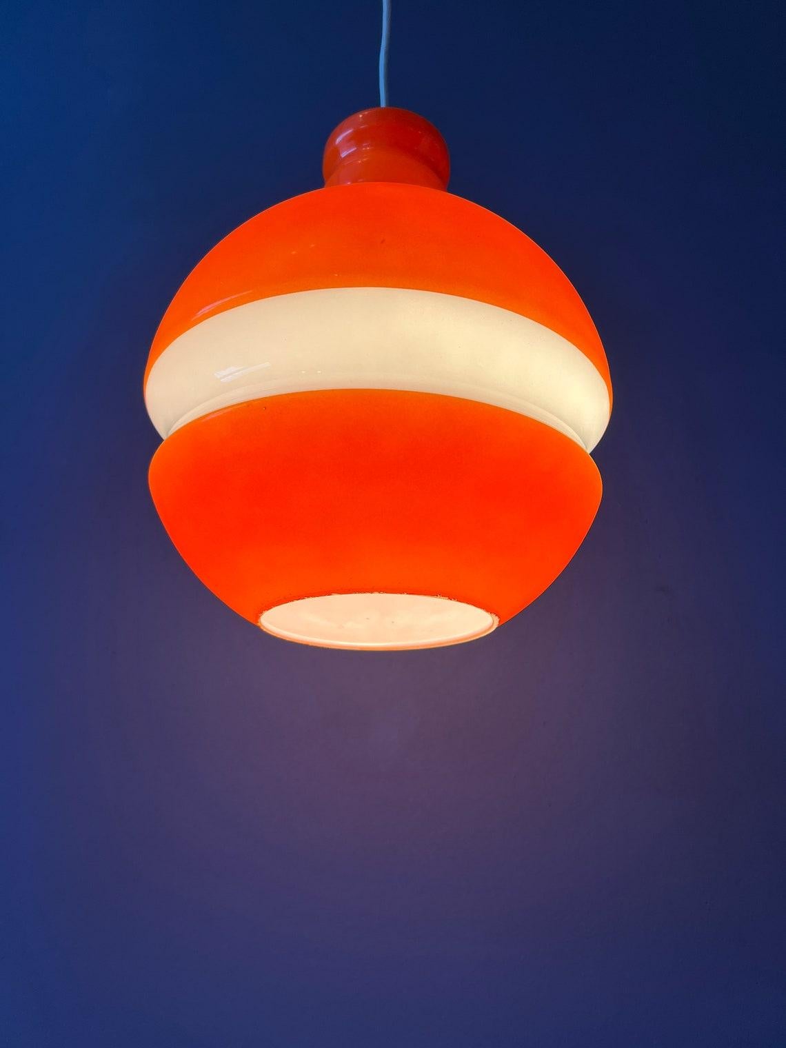 Orange and White Mid Century Peill & Putzler Glass Pendant Lamp, 1970s For Sale 1