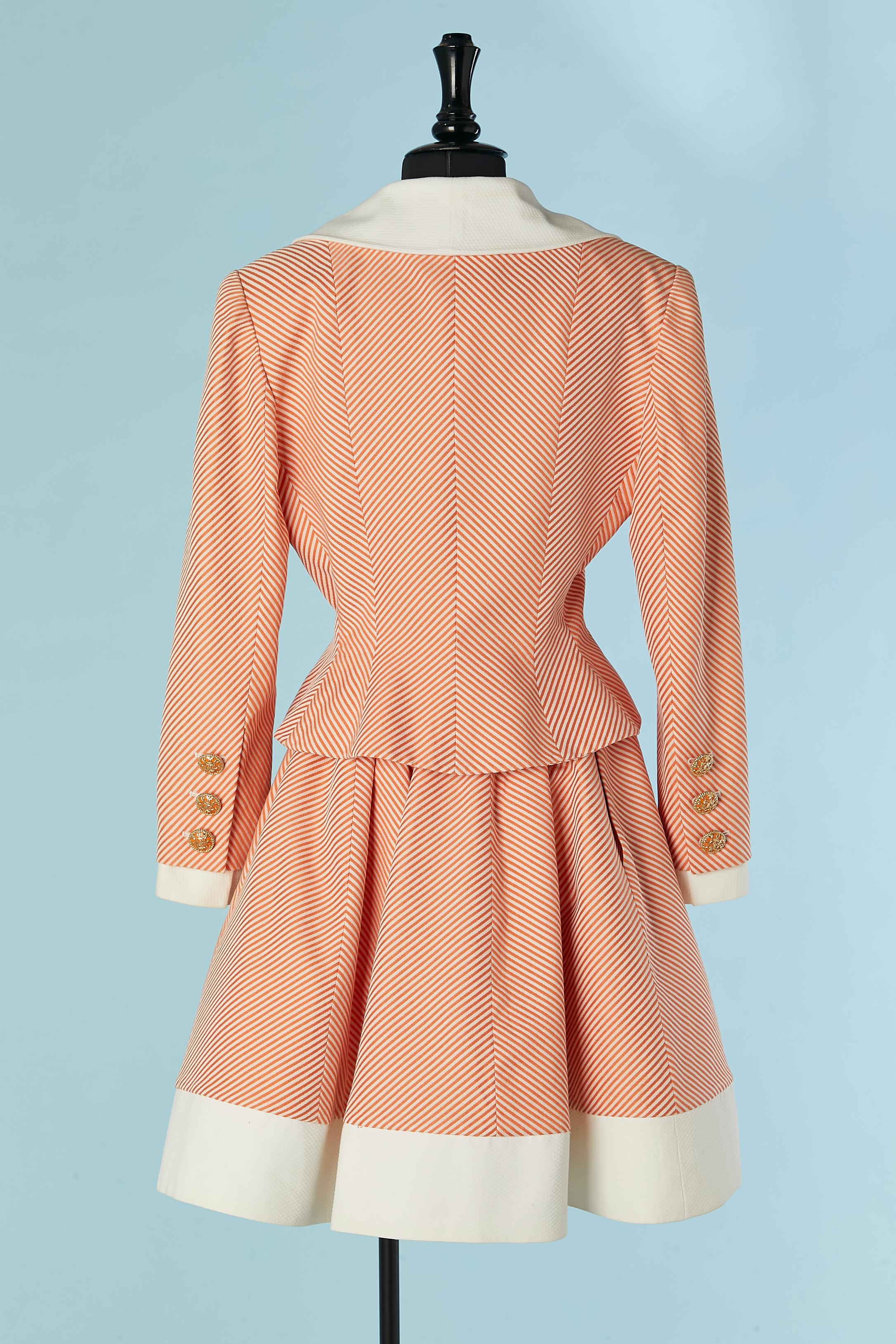 Orange and white striped skirt-suit mixed with white cotton Piqué Jacques Fath For Sale 1