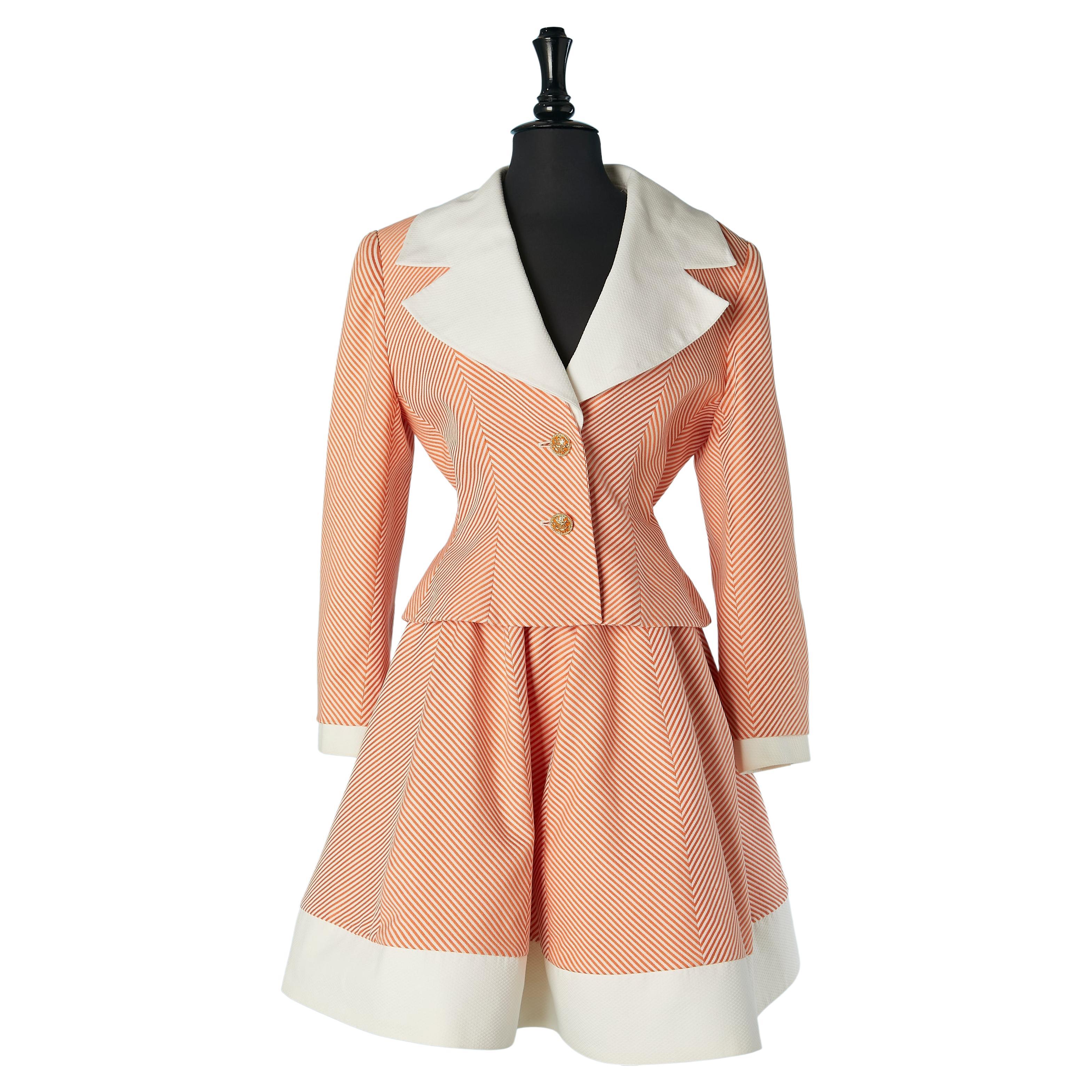 Orange and white striped skirt-suit mixed with white cotton Piqué Jacques Fath For Sale