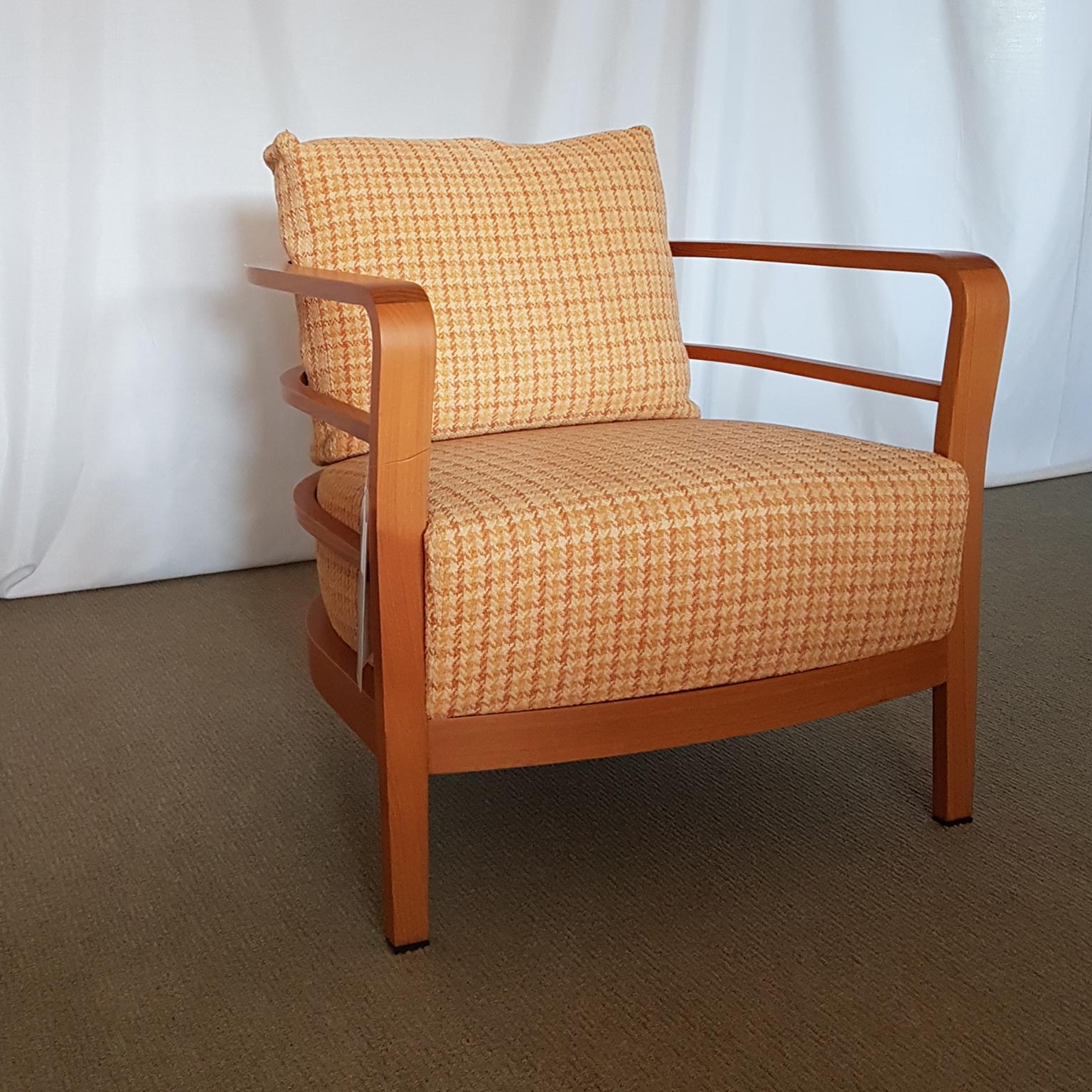 Orange and Yellow Cotton Fabric Italian Armchair with Frame in Teak Wood For Sale 5