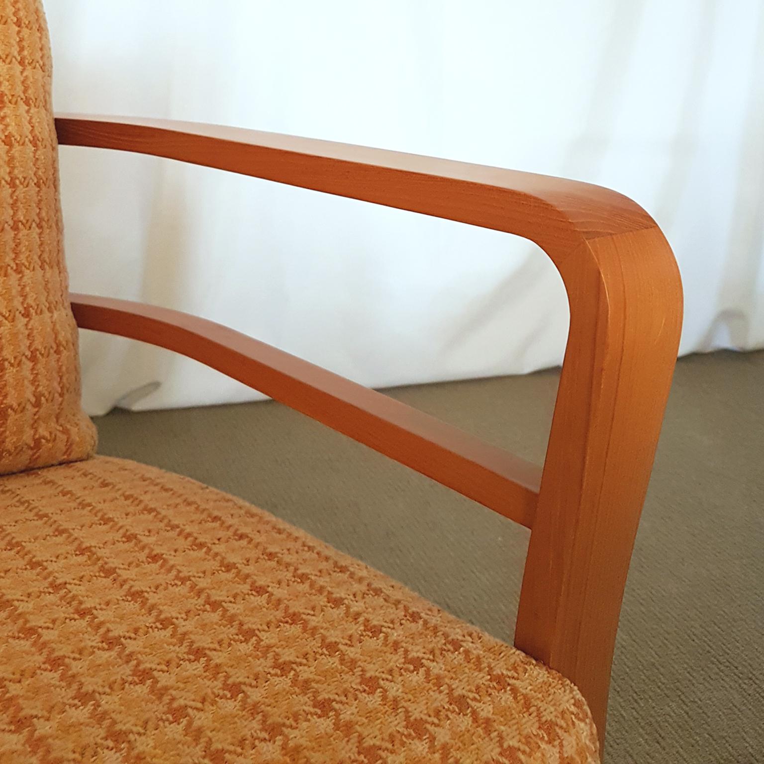 Contemporary Orange and Yellow Cotton Fabric Italian Armchair with Frame in Teak Wood For Sale