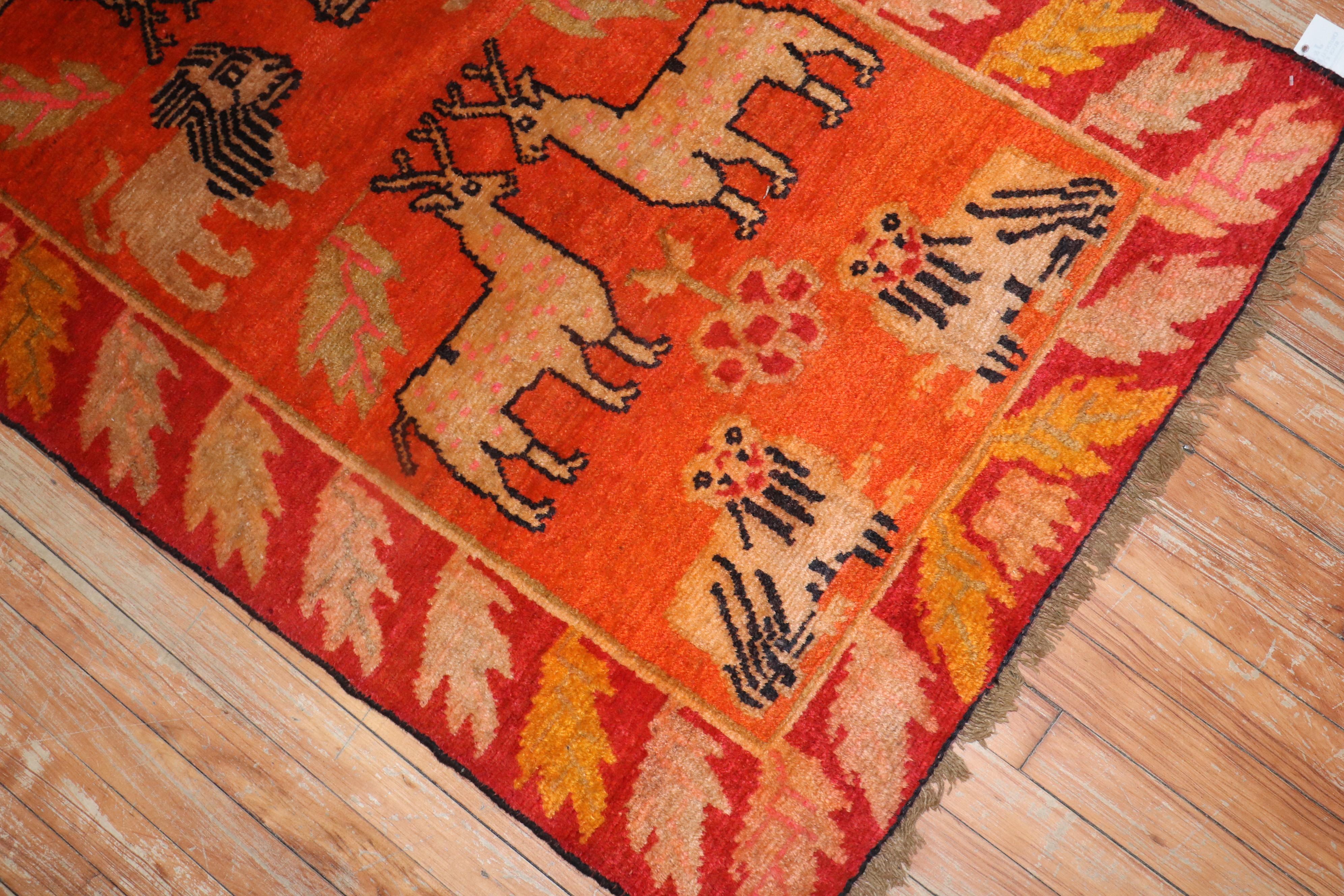 Hand-Woven Orange Animal Vintage Tibetan Rug For Sale