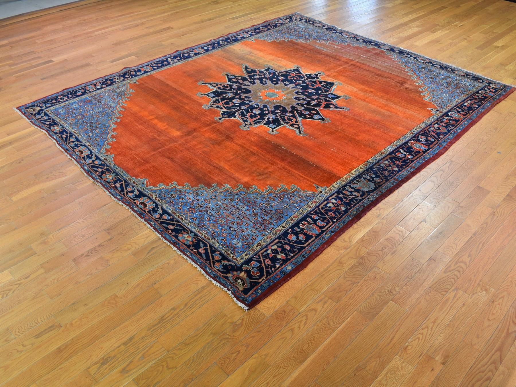 Hand-Knotted Orange Antique and Worn Persian Afshar Open Filed with Medallion Hand Knotted