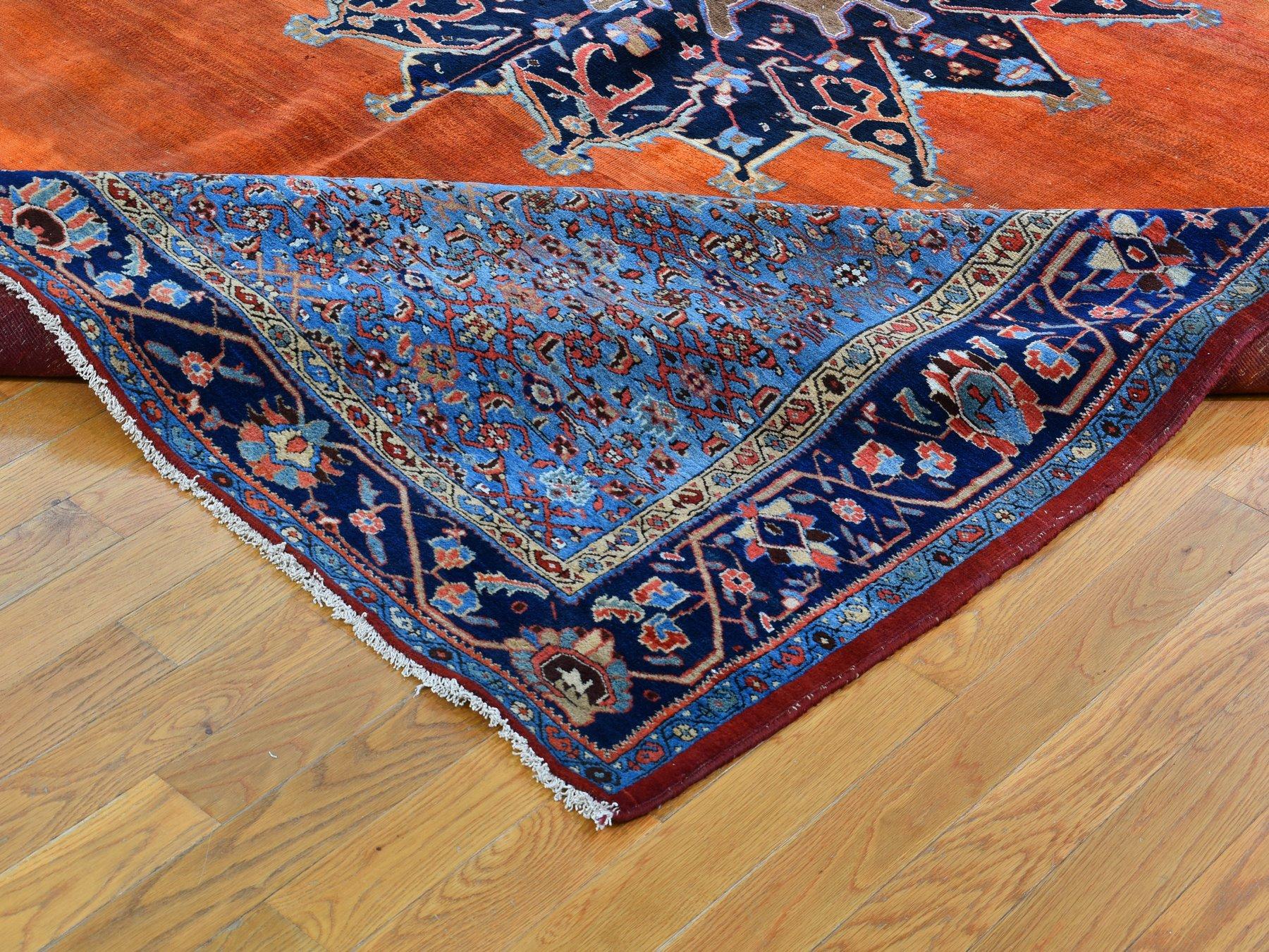 Wool Orange Antique and Worn Persian Afshar Open Filed with Medallion Hand Knotted