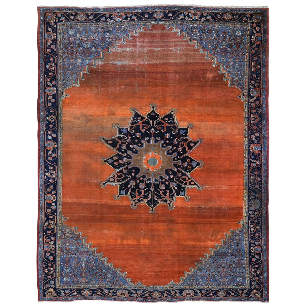 Orange Antique and Worn Persian Afshar Open Filed with Medallion Hand Knotted