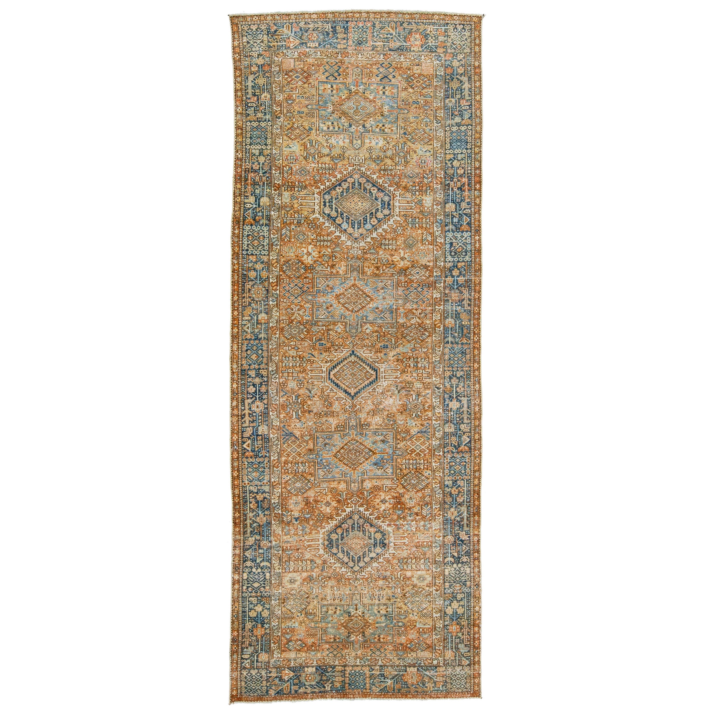 Runner in lana fatto a mano Heriz arancione antico con motivo geometrico alllover