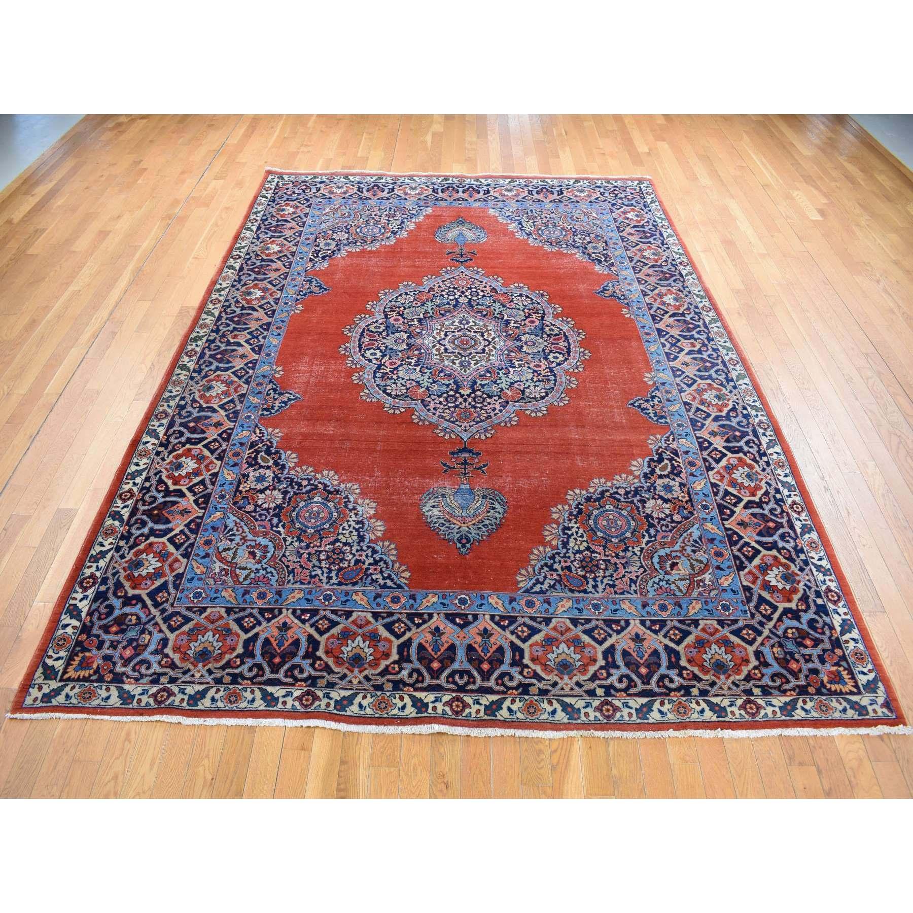 Medieval Orange Antique Persian Tabriz Open Some Wear Clean Hand Knotted Pure Wool Rug For Sale