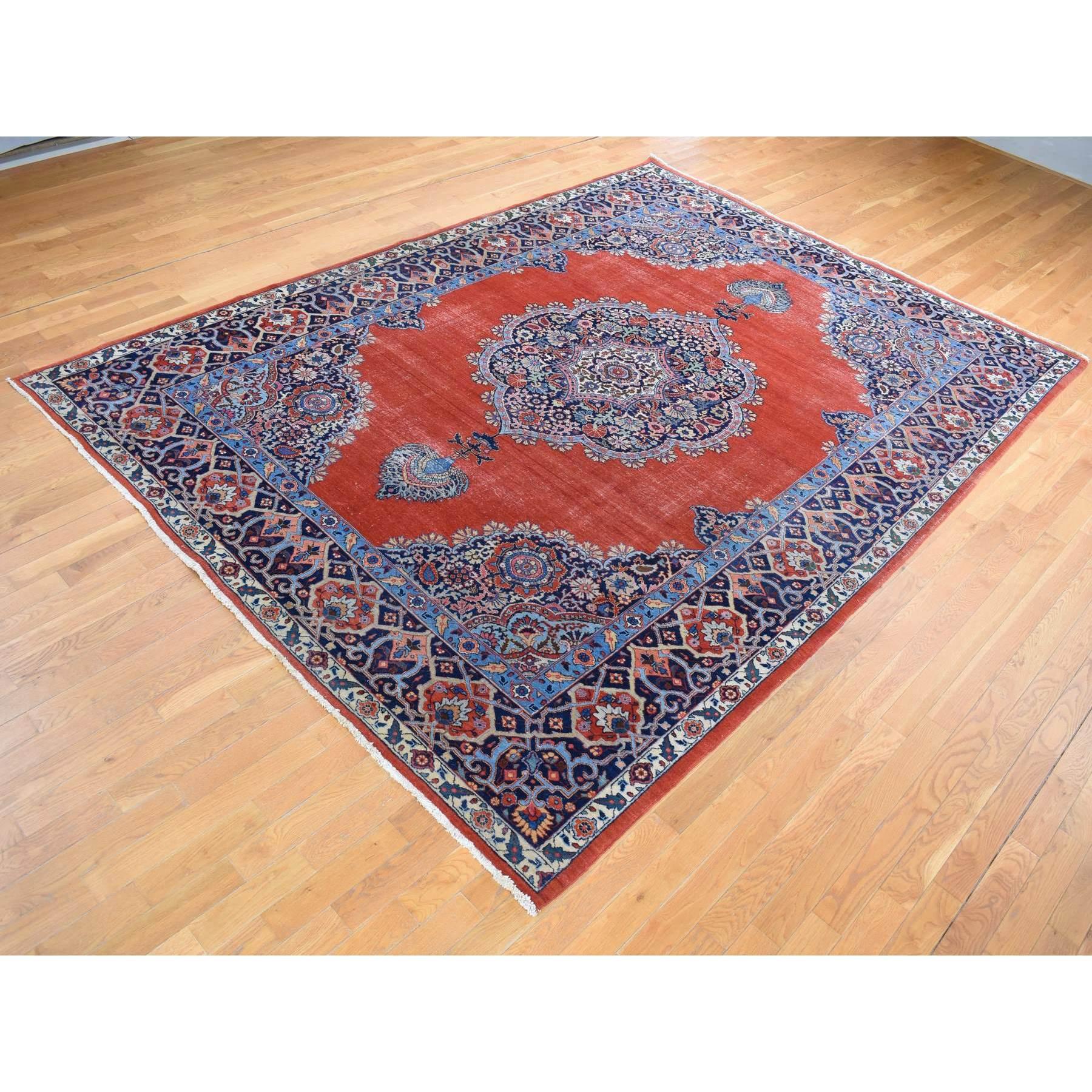 Hand-Knotted Orange Antique Persian Tabriz Open Some Wear Clean Hand Knotted Pure Wool Rug For Sale