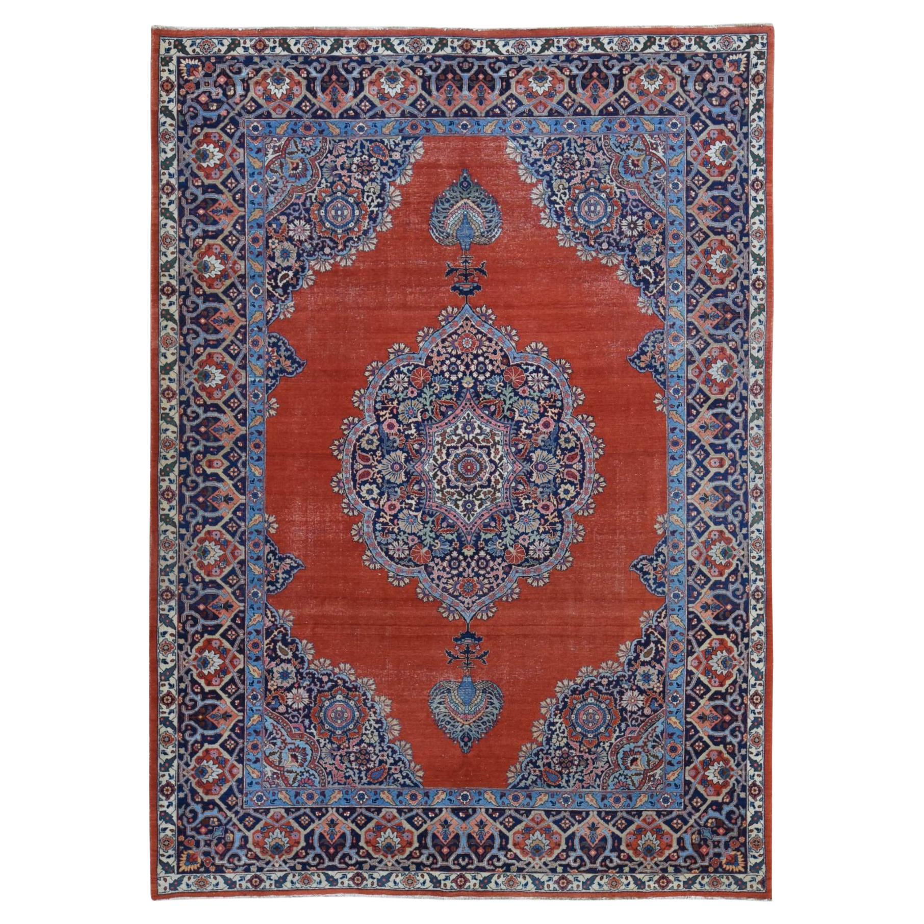 Orange Antique Persian Tabriz Open Some Wear Clean Hand Knotted Pure Wool Rug For Sale