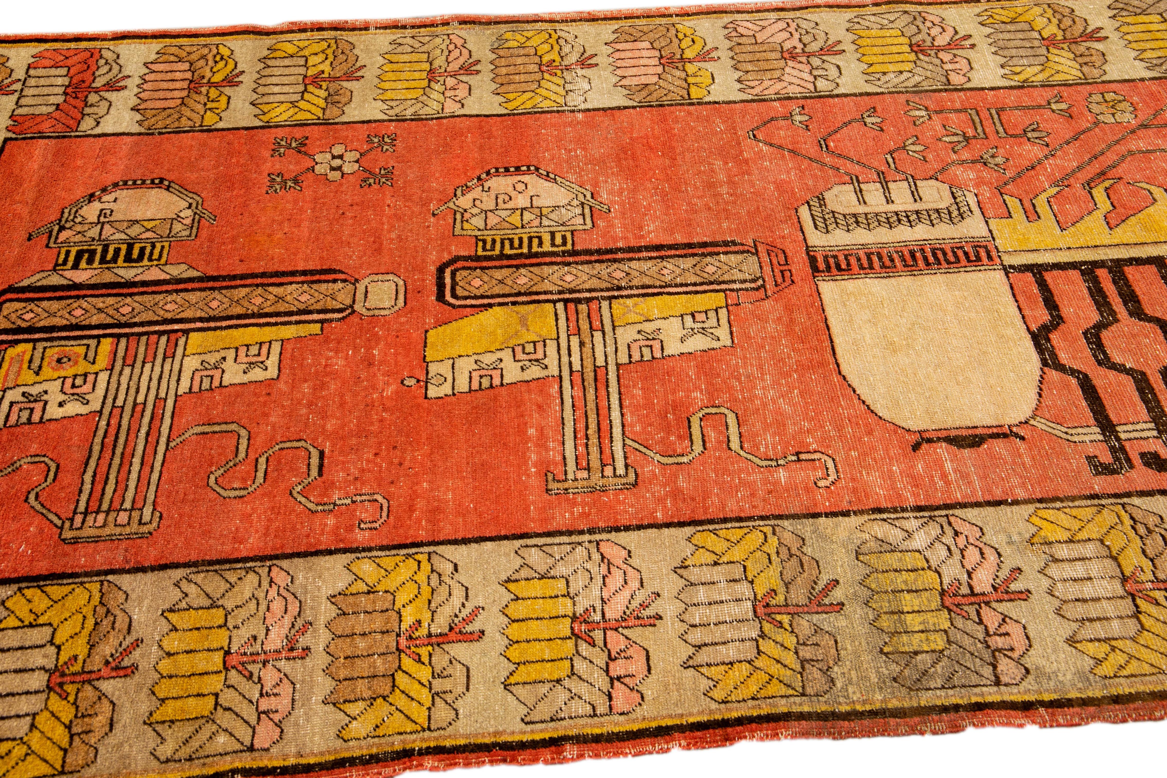Hand-Knotted Orange Antique Samarkand Handmade Pictorial Motif Wool Rug For Sale