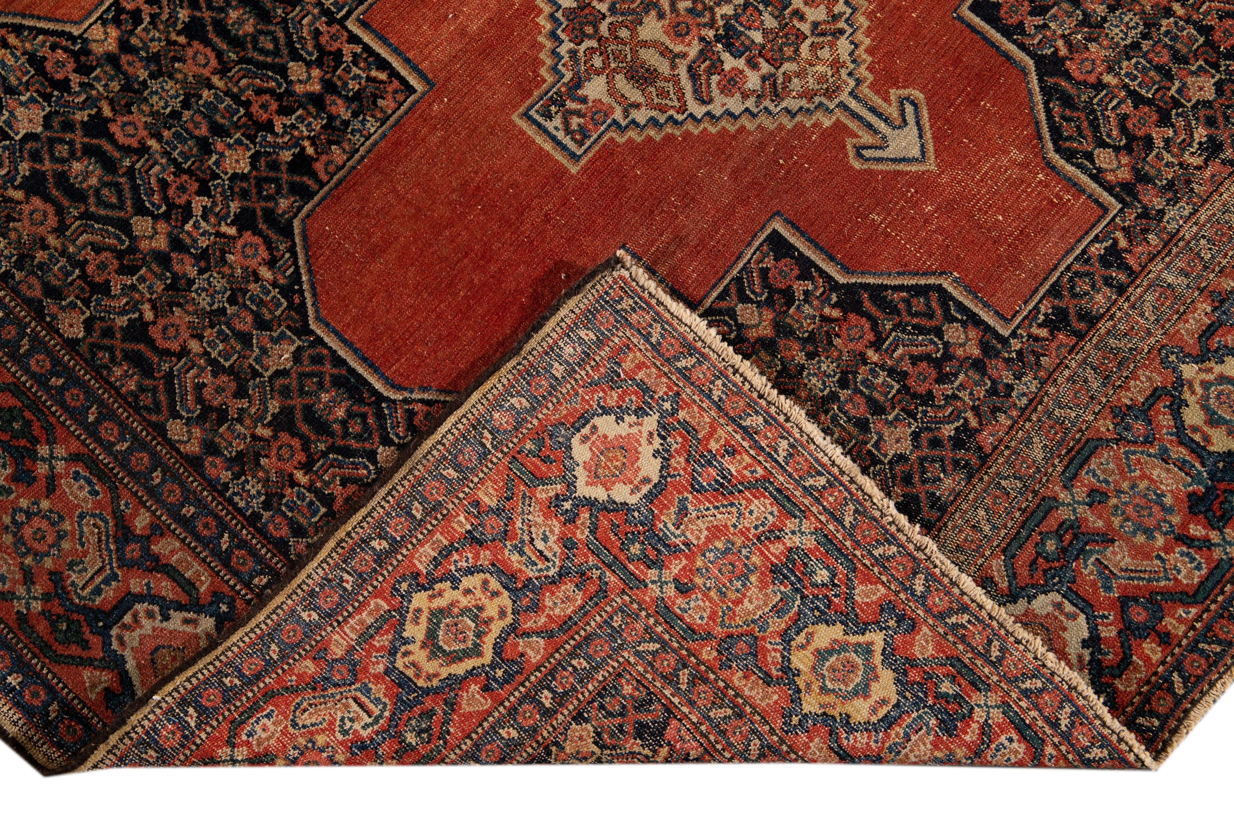 Orange Antique Senneh Handmade Wool Rug For Sale 7