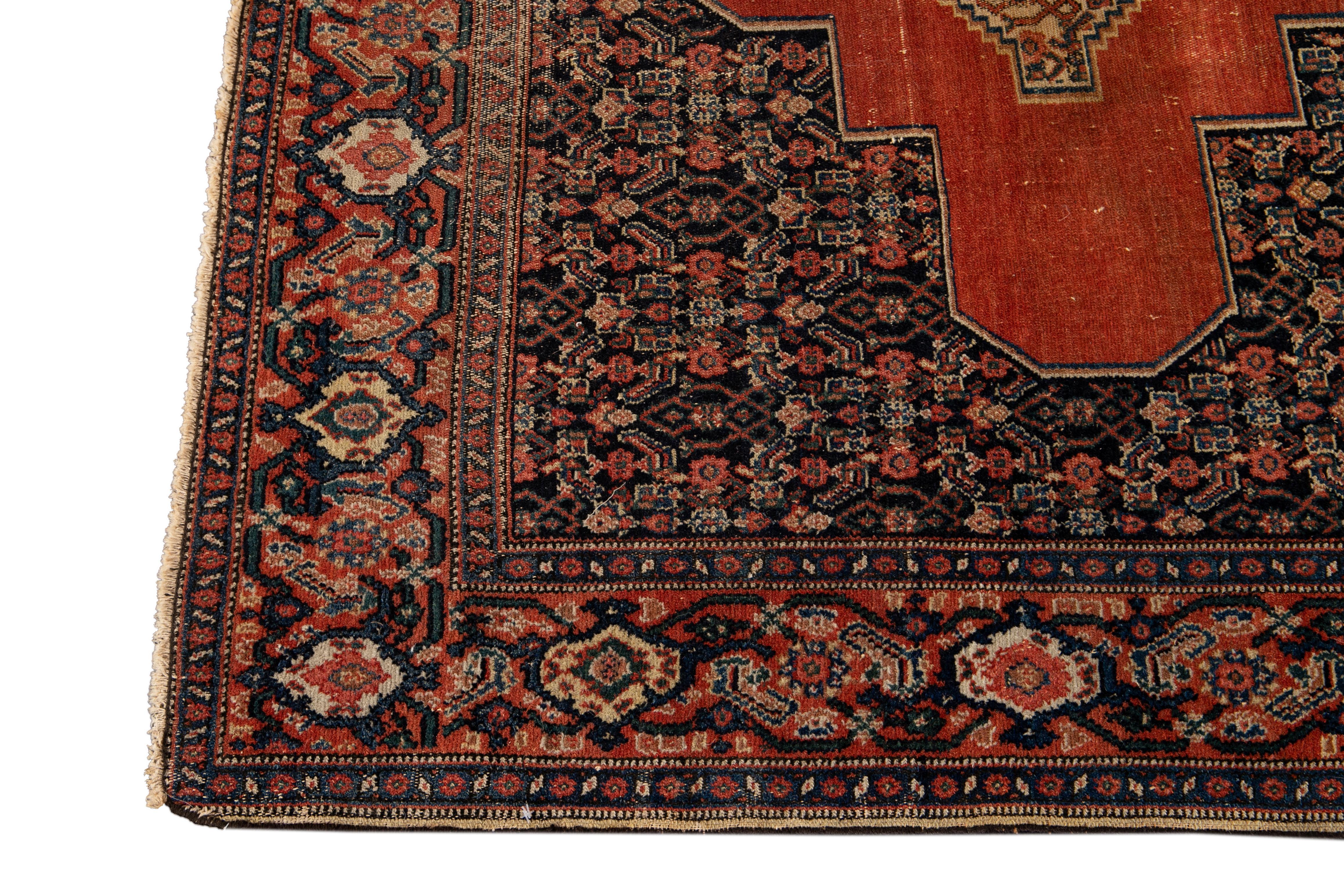 Persian Orange Antique Senneh Handmade Wool Rug For Sale