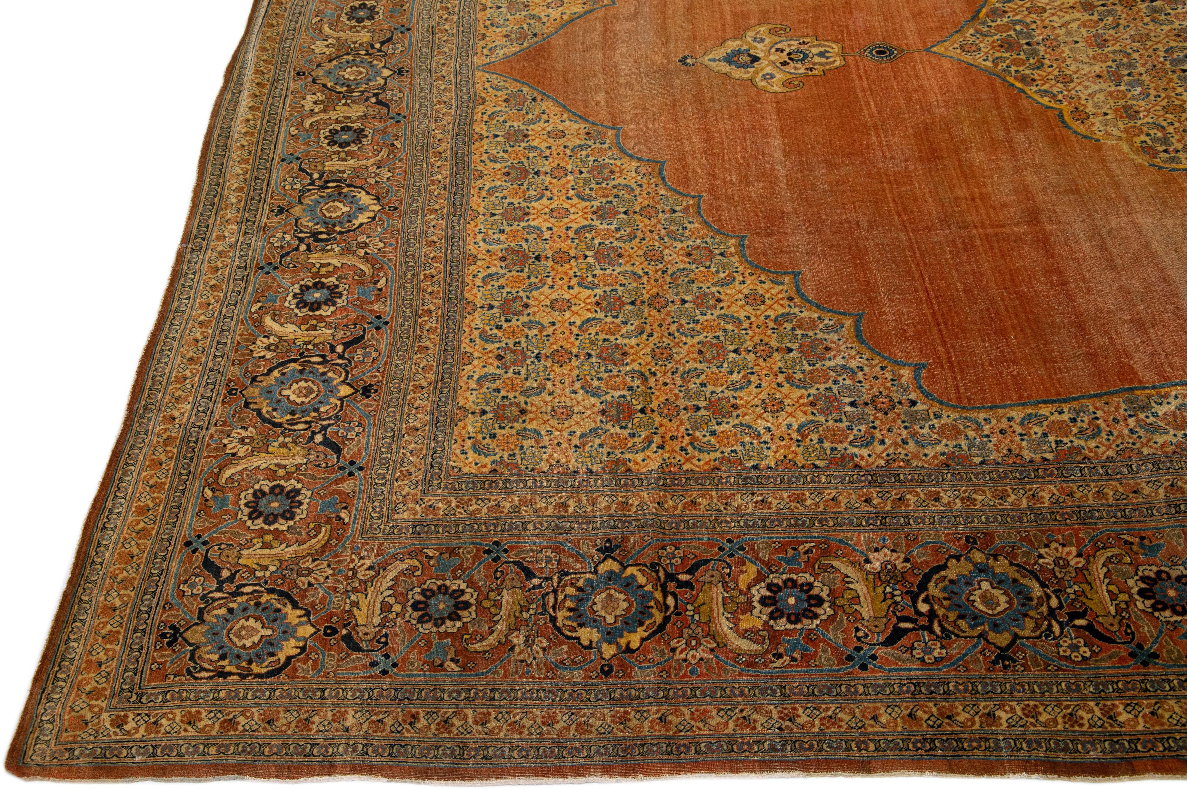 Hand-Knotted Orange Antique Tabriz Handmade Oversize Persian Wool Rug with Medallion Design For Sale