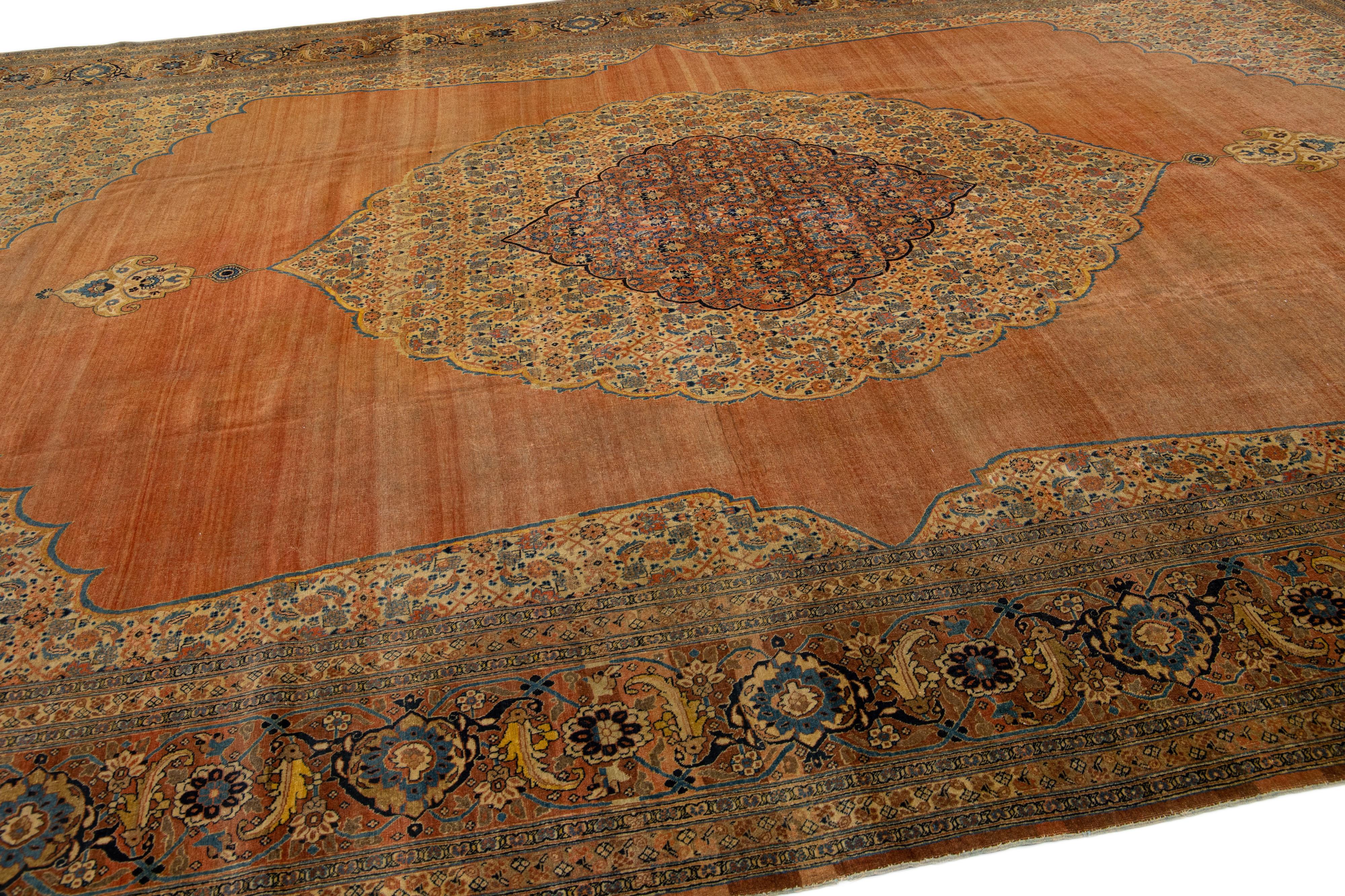 Orange Antique Tabriz Handmade Oversize Persian Wool Rug with Medallion Design In Good Condition For Sale In Norwalk, CT