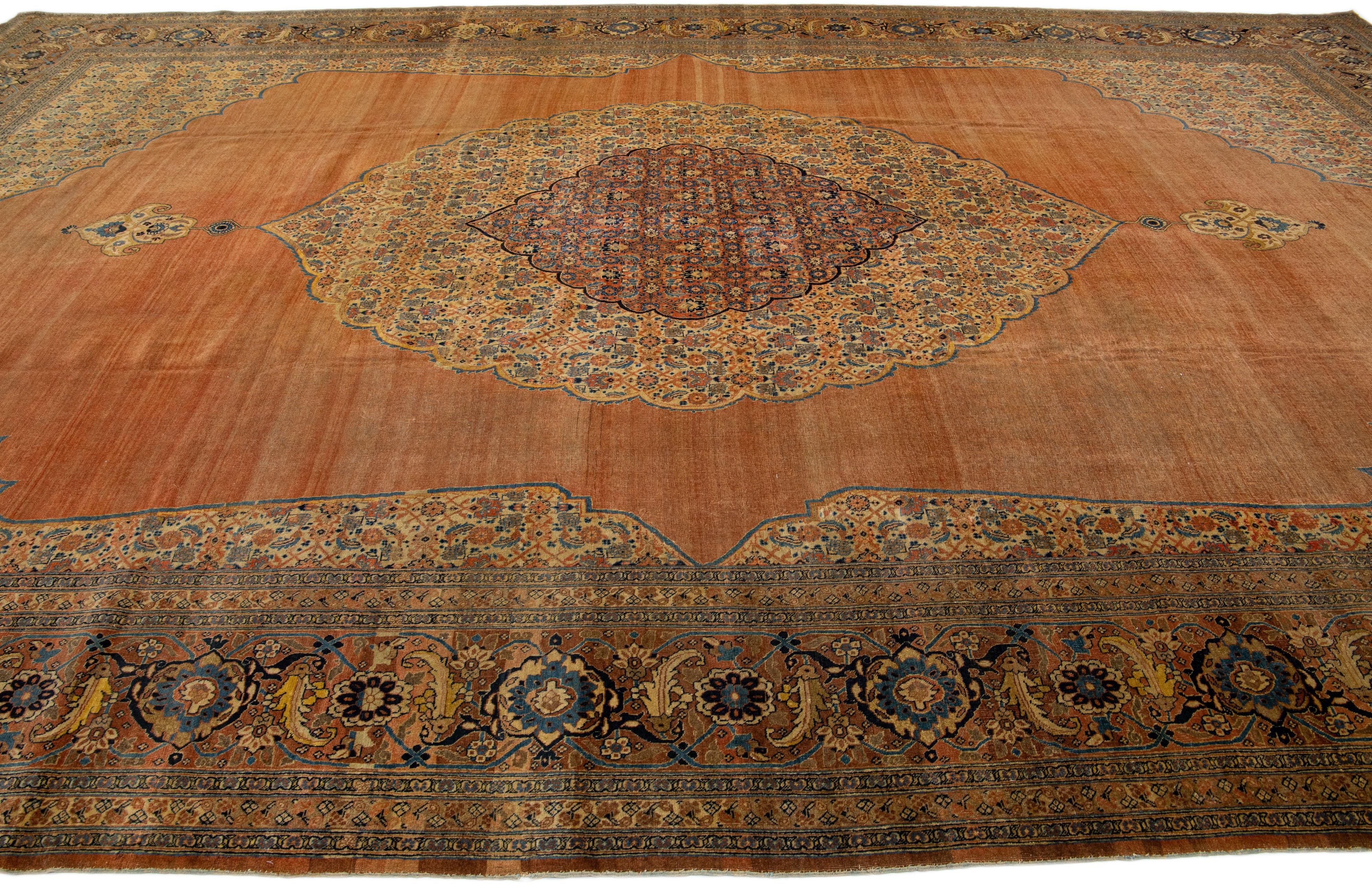 20th Century Orange Antique Tabriz Handmade Oversize Persian Wool Rug with Medallion Design For Sale