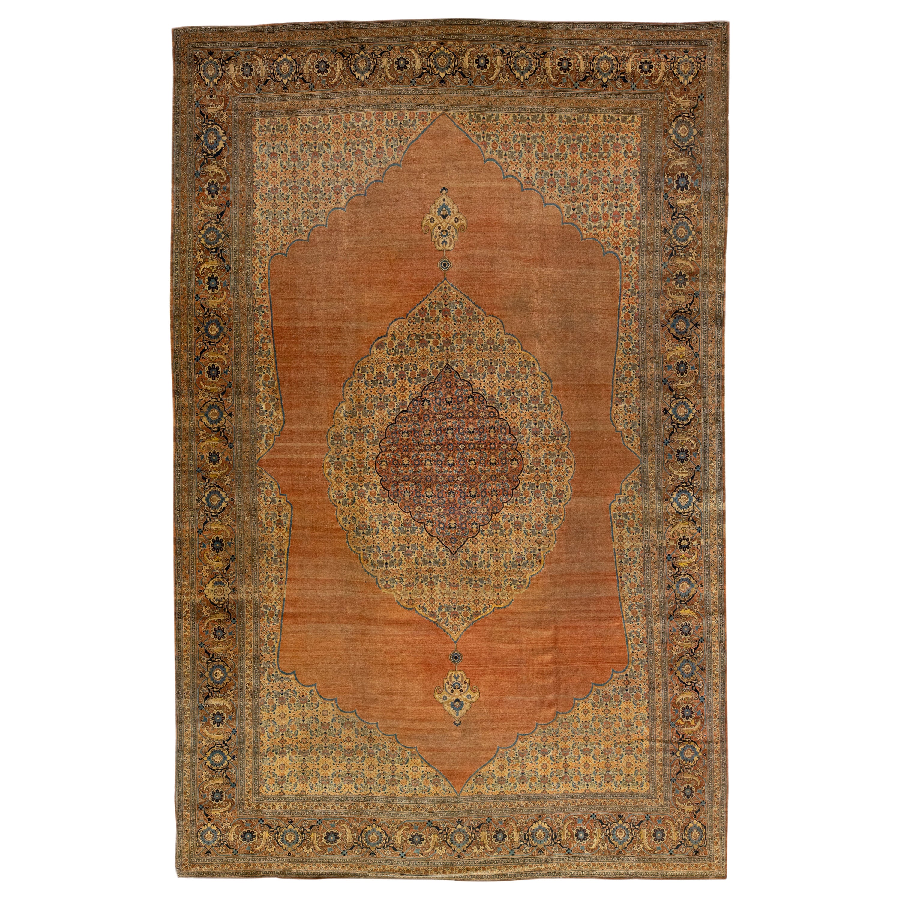 Tapis en laine persane orange antique Tabriz surdimensionné fait à la main avec motif de médaillon