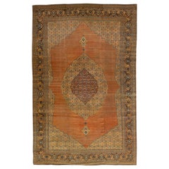 Tappeto arancione antico Tabriz fatto a mano in lana persiana oversize con disegno a medaglione