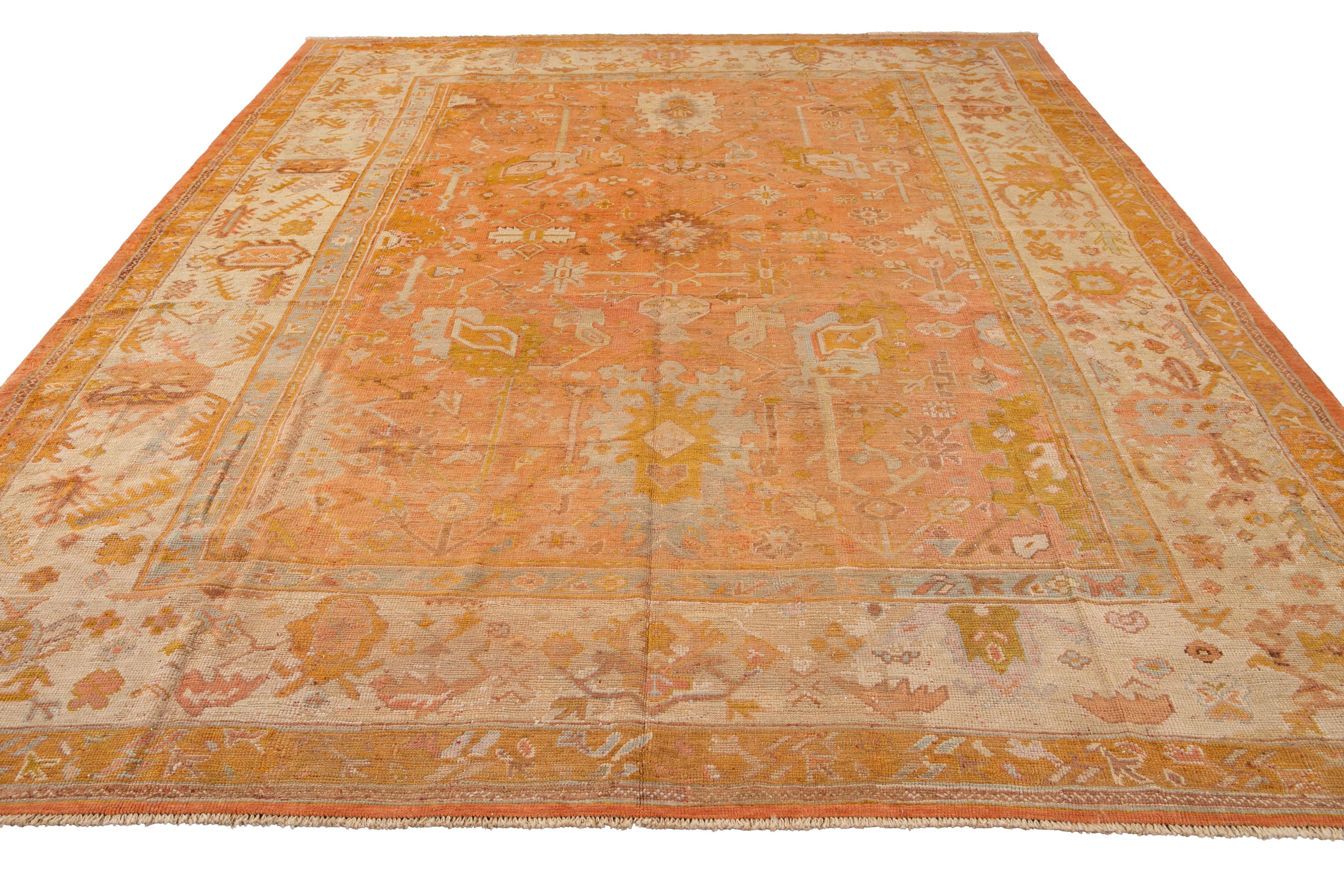 19th Century Orange Antique Turkish Oushak Wool Rug