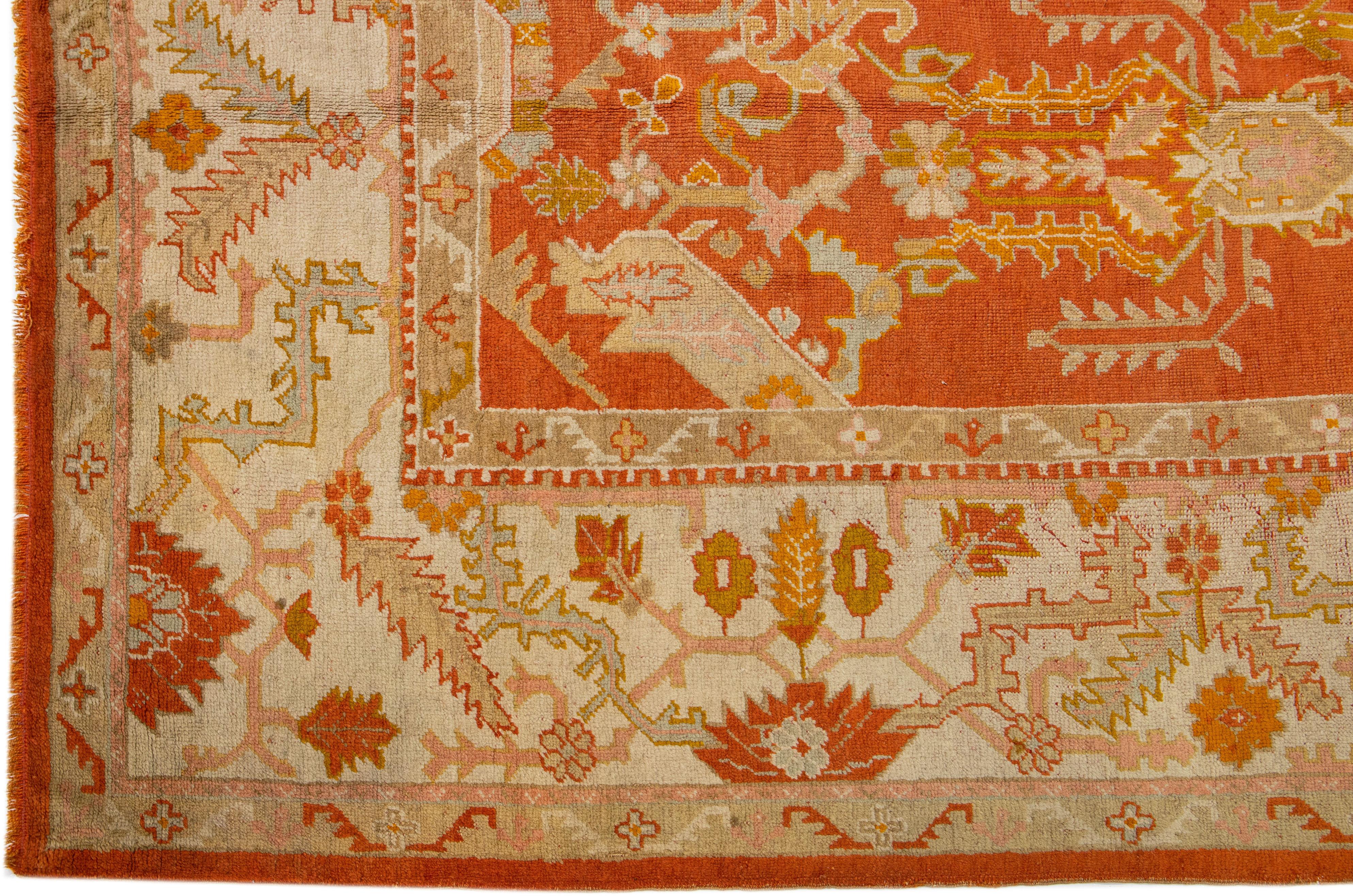 19th Century Orange Antique Turkish Oushak Wool Rug Handmade With Medallion Design For Sale