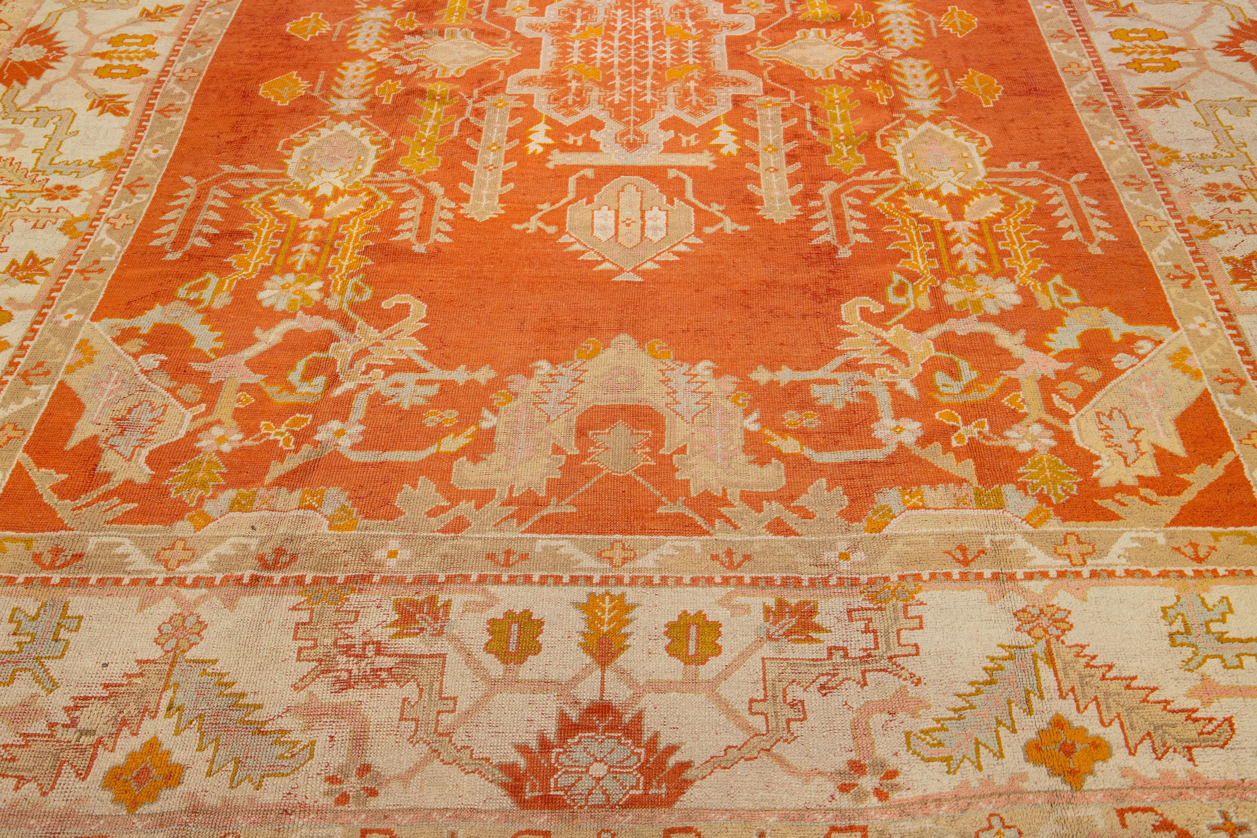 Orange Antique Turkish Oushak Wool Rug Handmade With Medallion Design For Sale 1