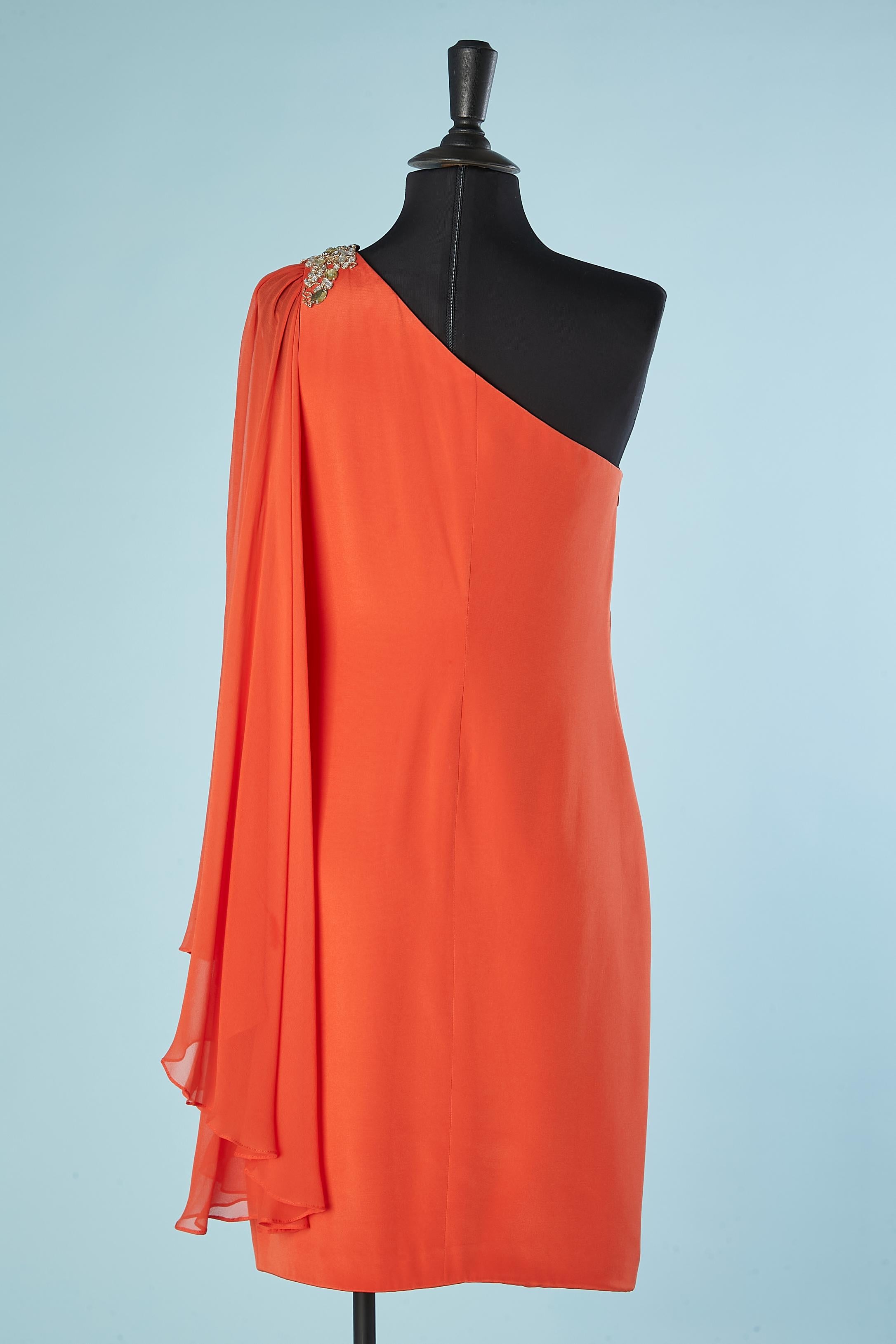 Orange asymmetrical silk dress with rhinestone embroideries Marchesa Notte  For Sale 1