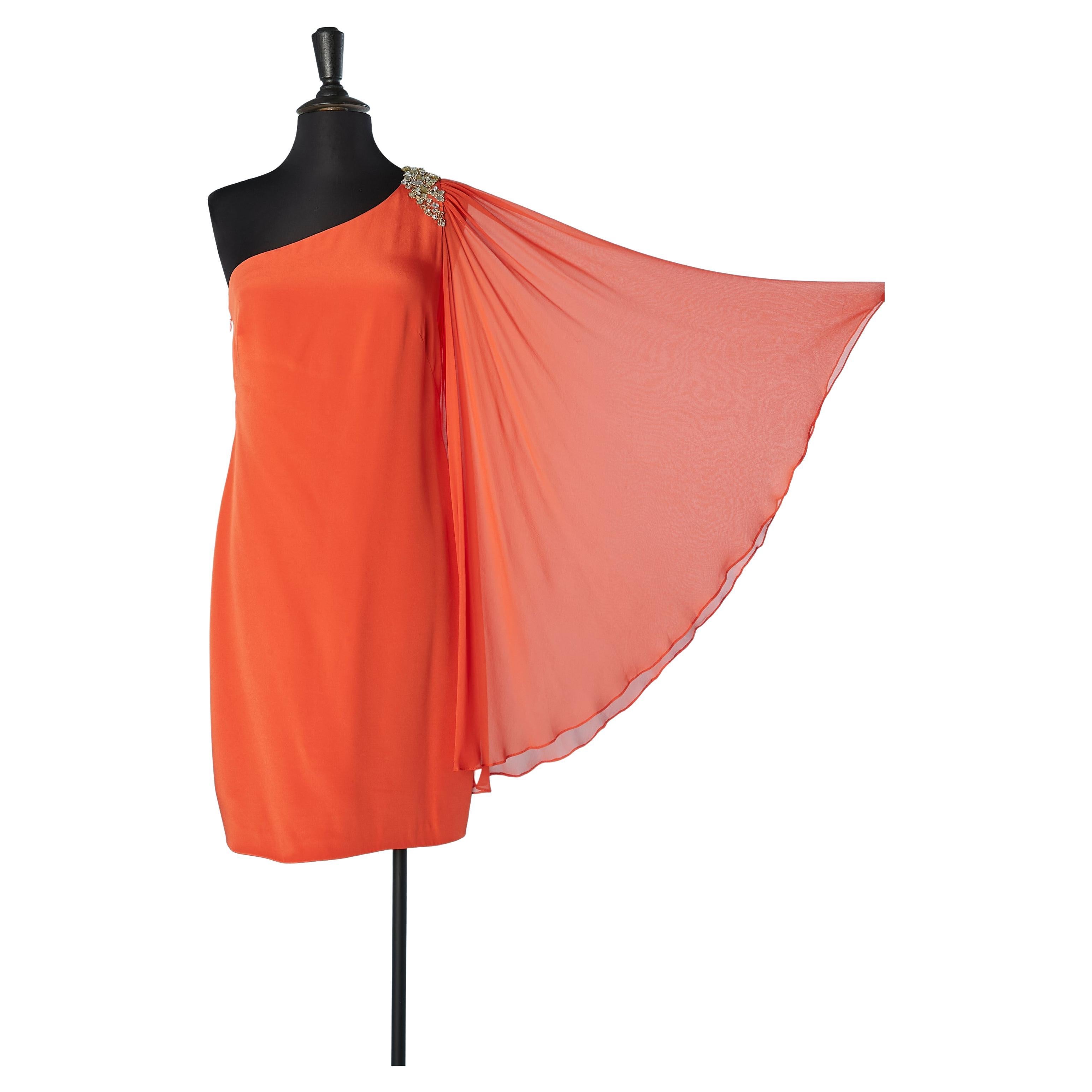 Orange asymmetrical silk dress with rhinestone embroideries Marchesa Notte  For Sale