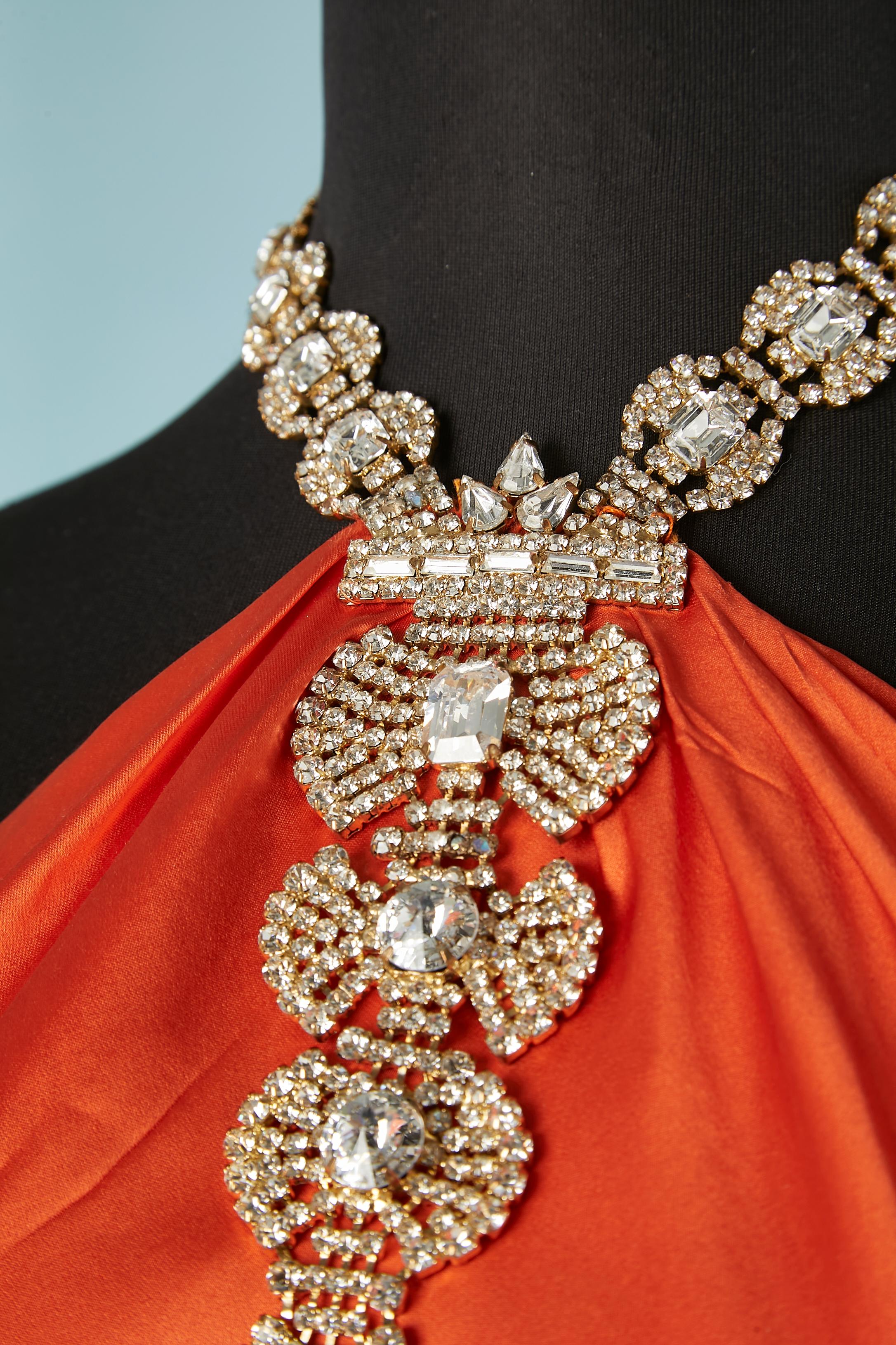 Red Orange backless evening dress with rhinestone neckless  For Sale