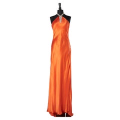 Orange backless evening dress with rhinestone neckless 
