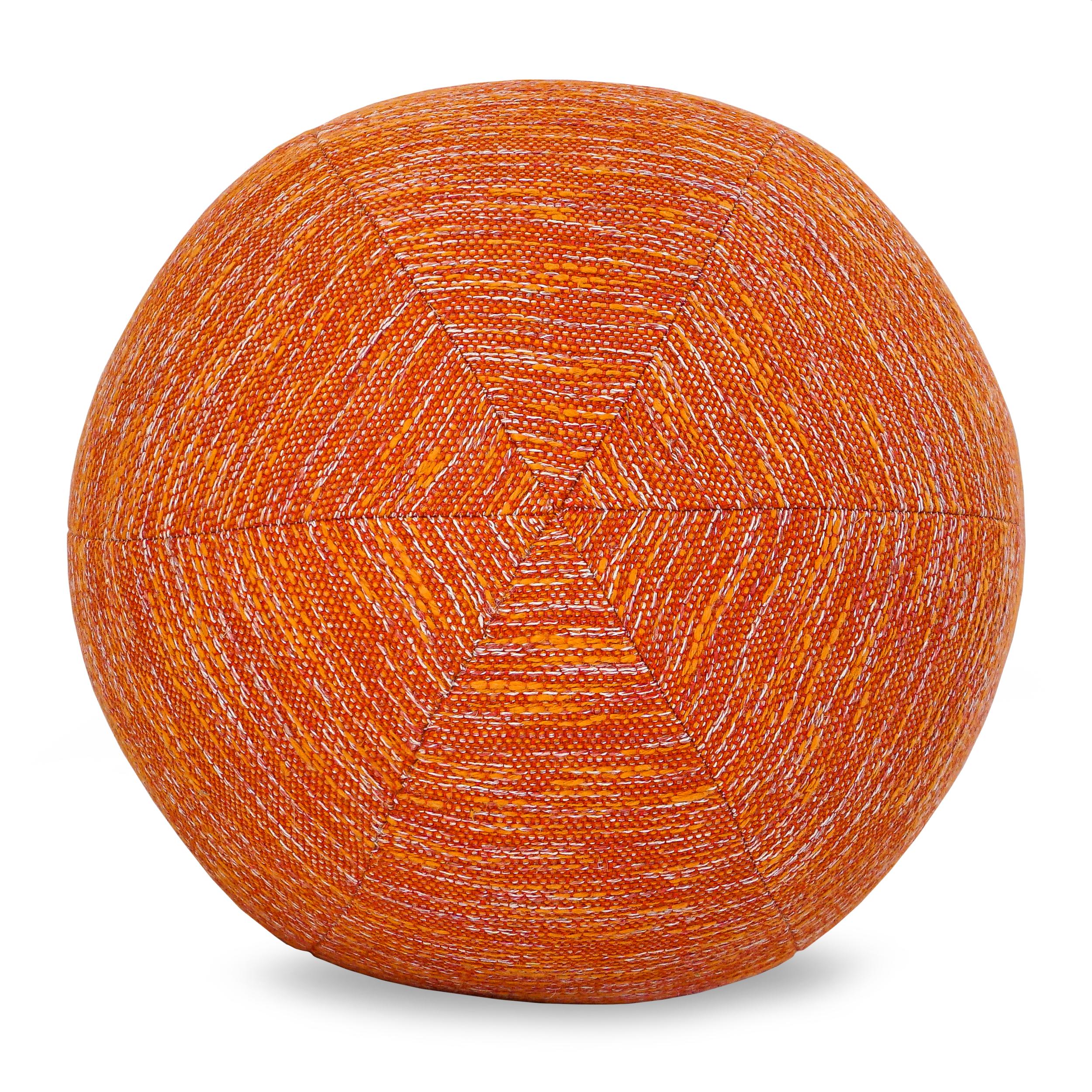 Embroidered textured orange fabric covers this ball pillow. Ball can be made in any fabric. Ask for current availability of pillow as shown. 

Overall: 12”W x 12”Dia.
Disclaimer: Due to their handcrafted nature, the final size and shape of our Ball