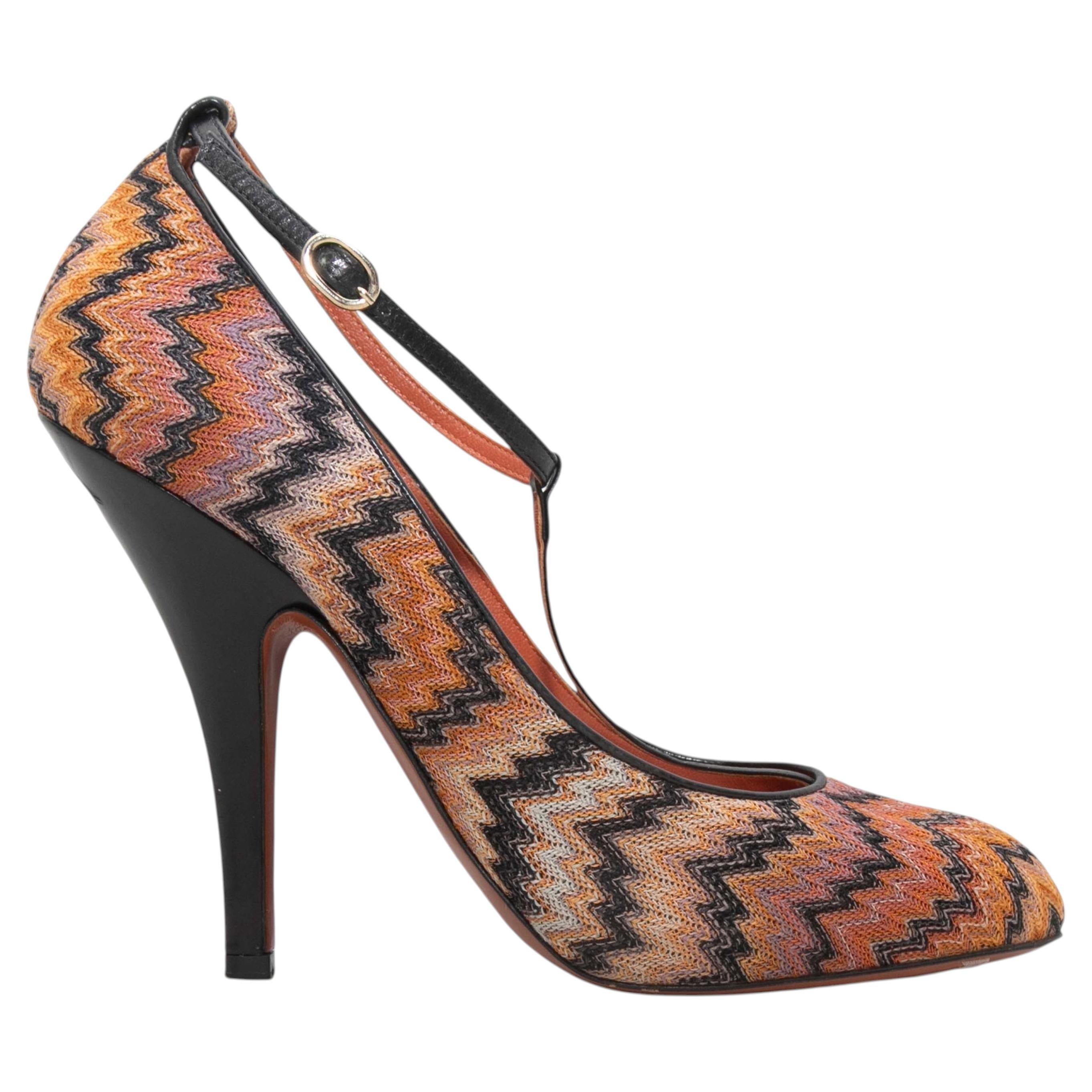 Orange & Black Missoni Chevron T-Strap Pumps Size 40 For Sale