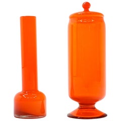 Vintage Orange Blenko (?) Art Glass Vase and Decanter