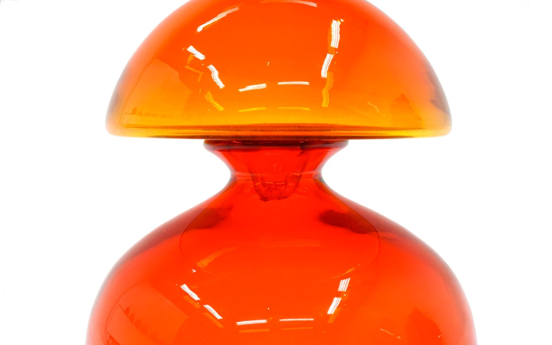 Mid-Century Modern Orange Blenko Blown Art Glass Bottle with Original Stopper, Mint Condition