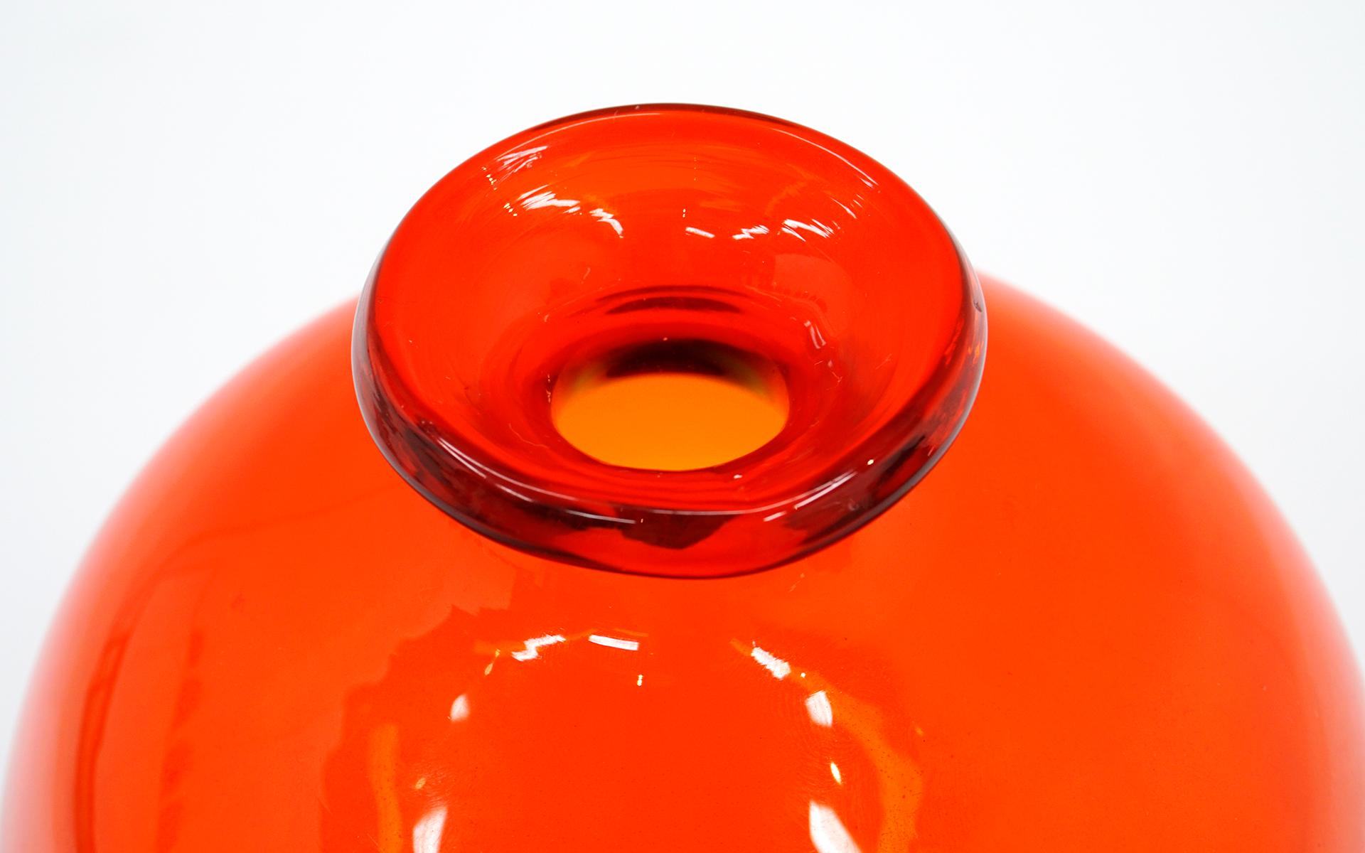 Mid-20th Century Orange Blenko Blown Art Glass Bottle with Original Stopper, Mint Condition
