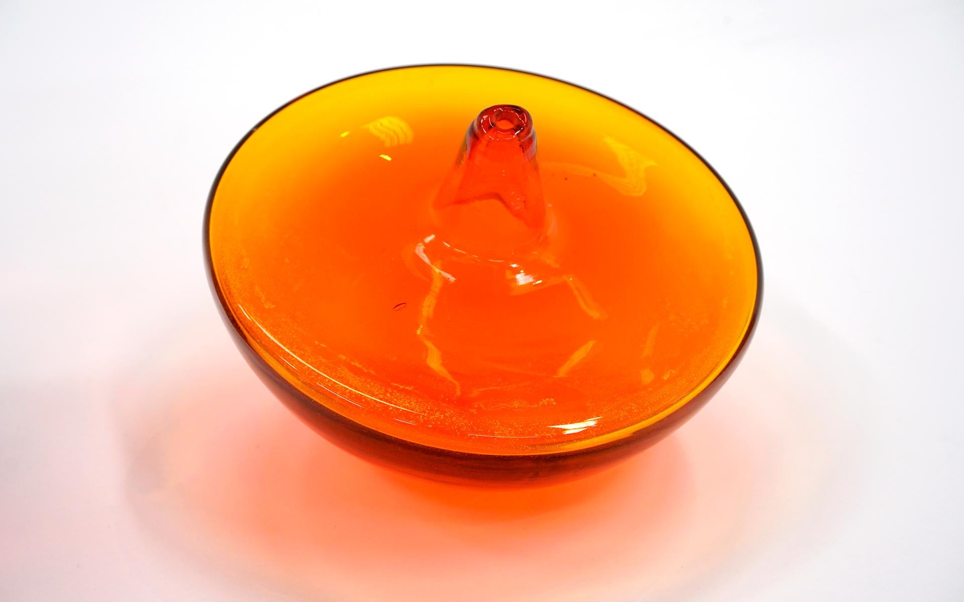 Orange Blenko Blown Art Glass Bottle with Original Stopper, Mint Condition 1