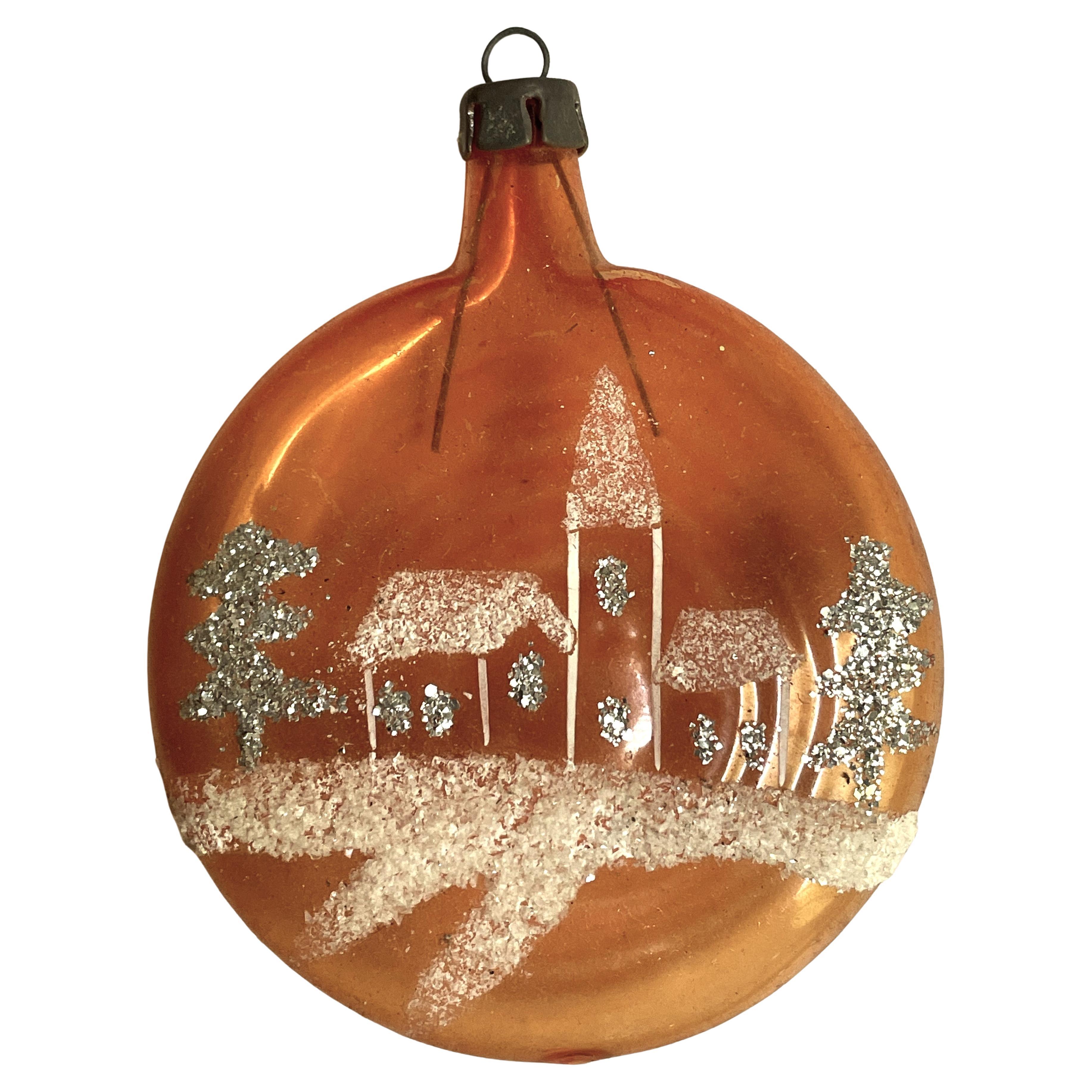 Orange Blown Glass Hand Painted Church Flattened Ball Christmas Tree Ornament