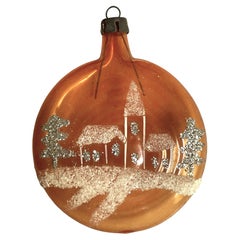 Orange Blown Glass Hand Painted Church Flattened Ball Christmas Tree Ornament