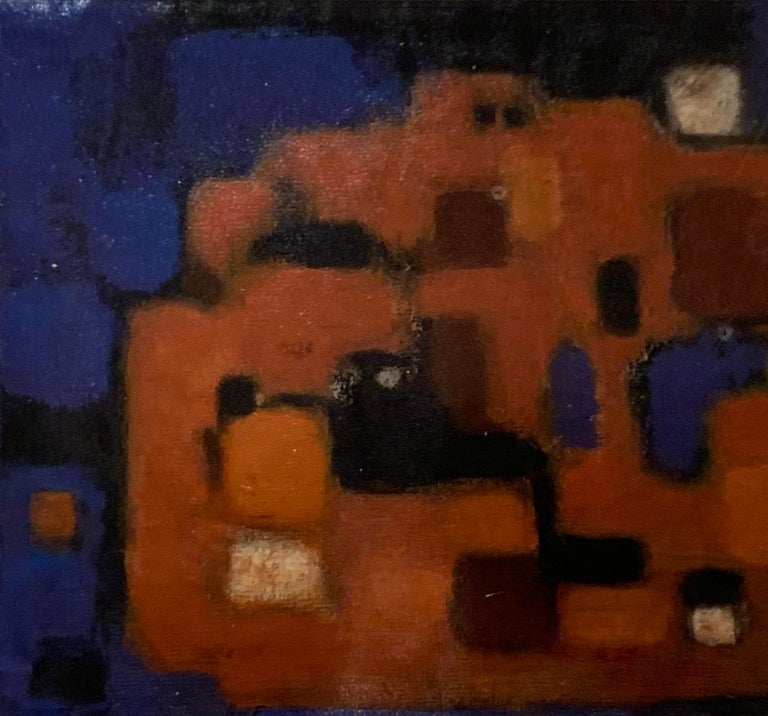 1950s German acrylic abstract painting in a natural color wood frame.
The dominant color is orange with cobalt blue, black and wine.
Artist is unknown.
The painting is framed without glass.