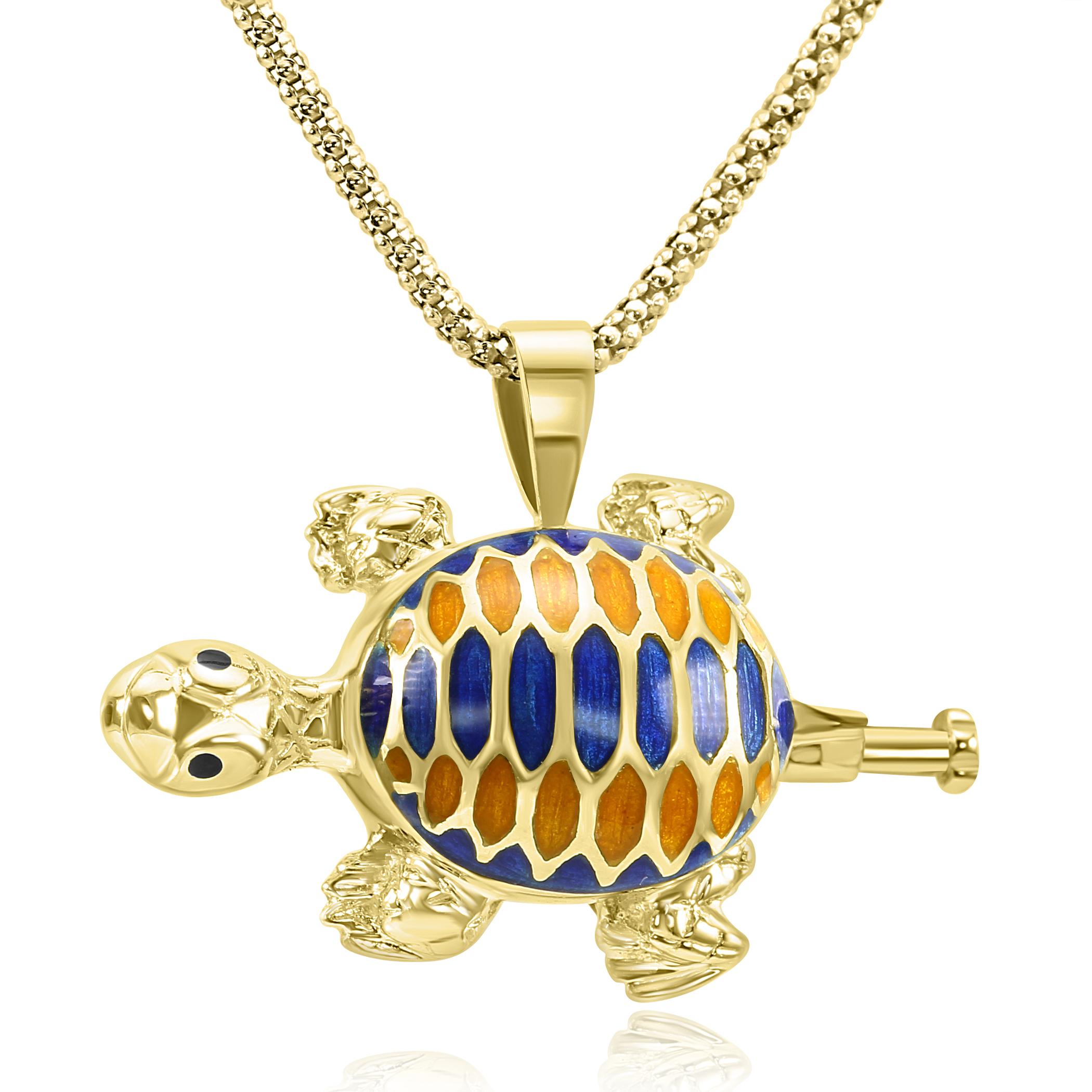 For all animal, and nature lovers, here's our charming & unique Enamel Turtle pendant brooch. 

This pendant and/or brooch features the turtles body adorned with Blue &  enamel fully hand done in Italy.

This piece was fully handcrafted by master